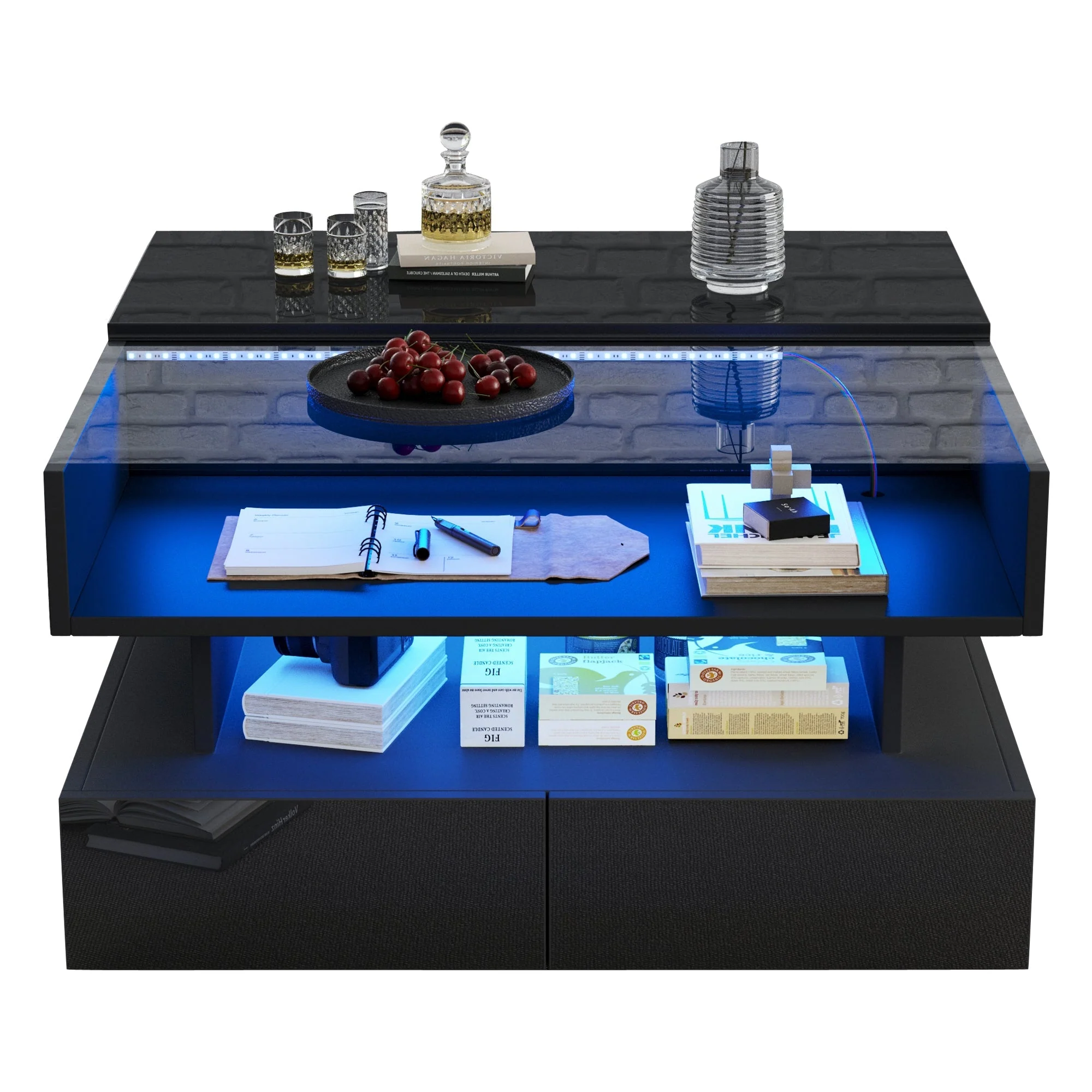 Coffee Table Height-Adjustable Hidden Storage LED Lights Tempered Glass, Black - Image 8