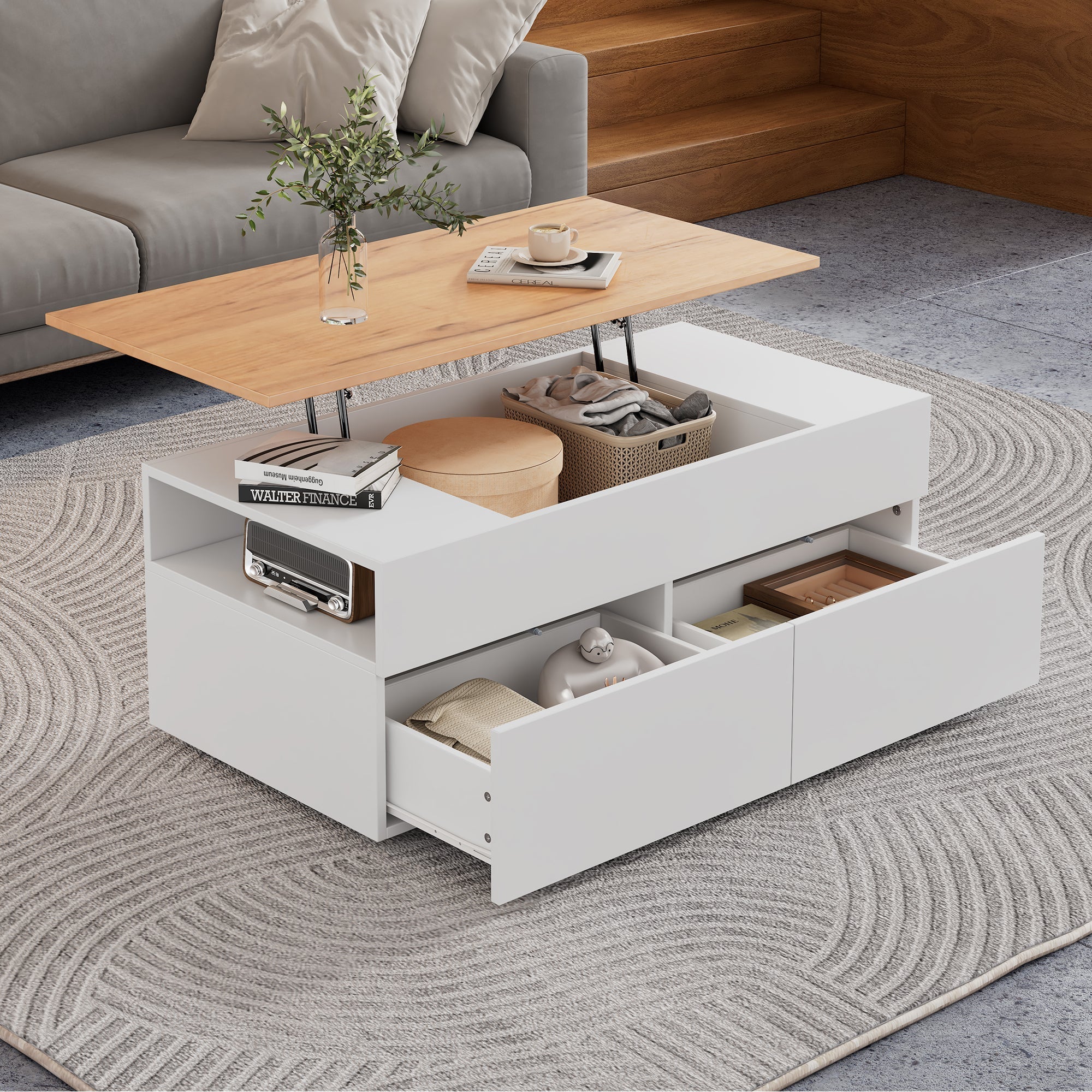 Coffee table height-adjustable with hidden storage, 2 drawers, white + wood color - Image 2