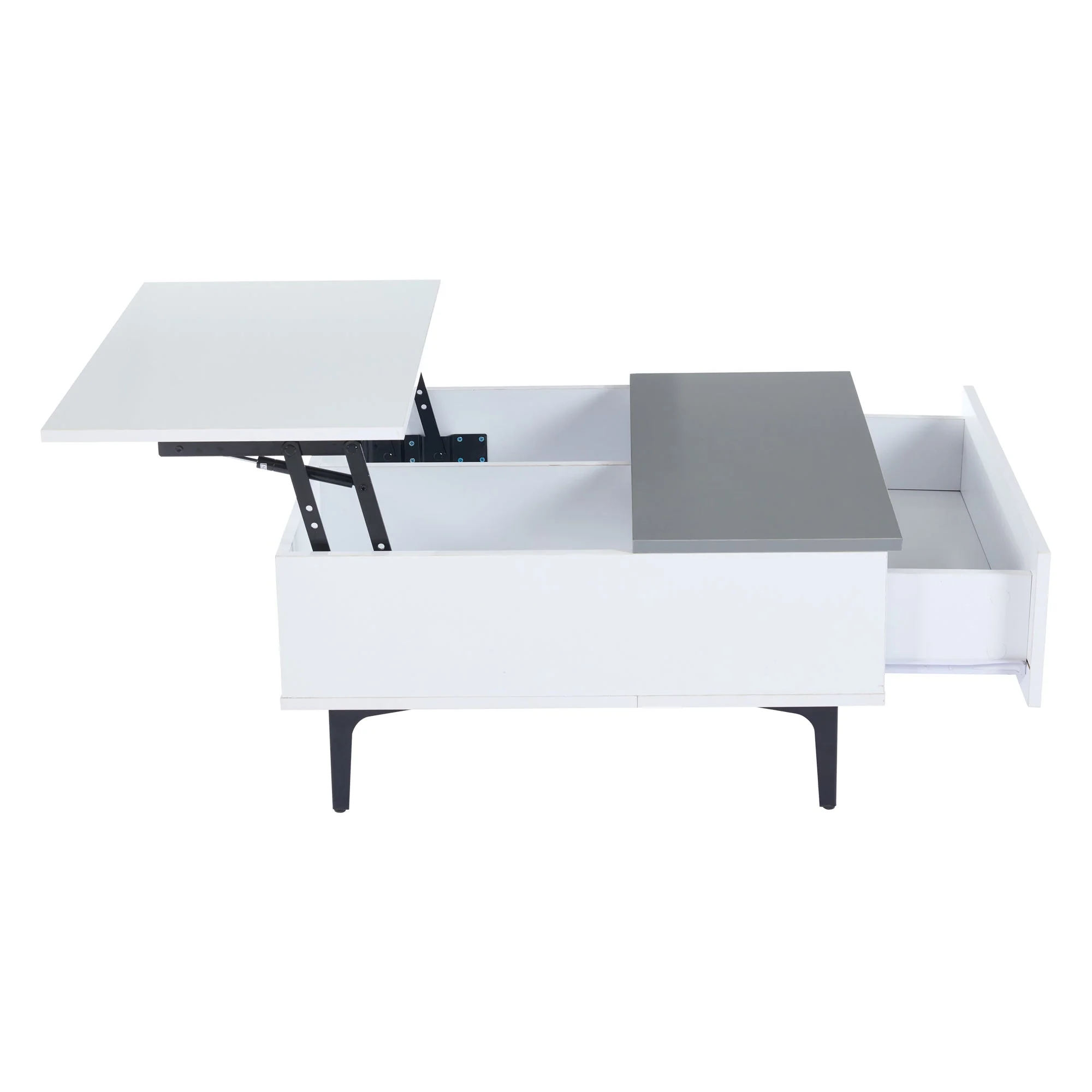 Coffee Table, Height-Adjustable with Hidden Storage and Shelves, White High-Gloss - Image 11