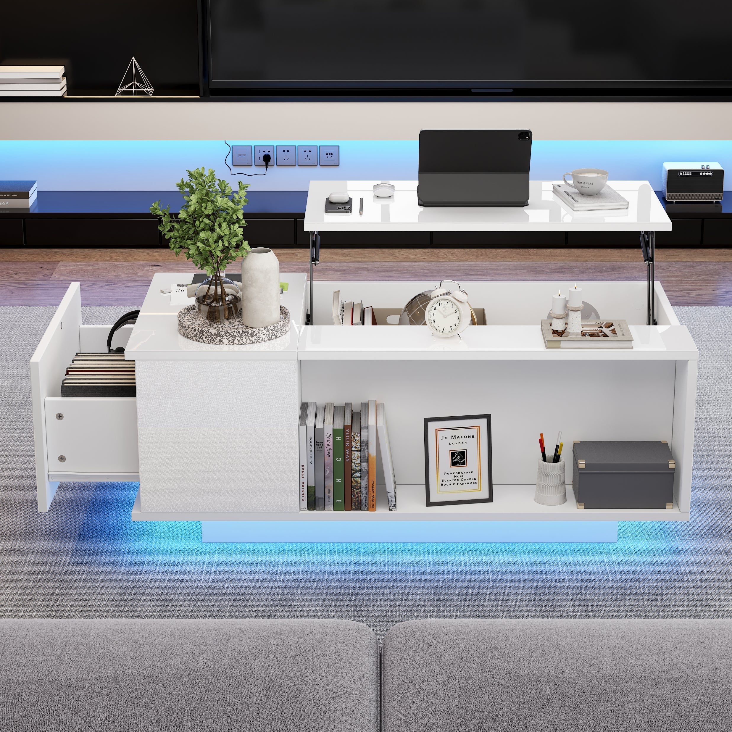 Coffee Table, Height-adjustable with Hidden Storage, LED Light & Drawer, White - Image 2