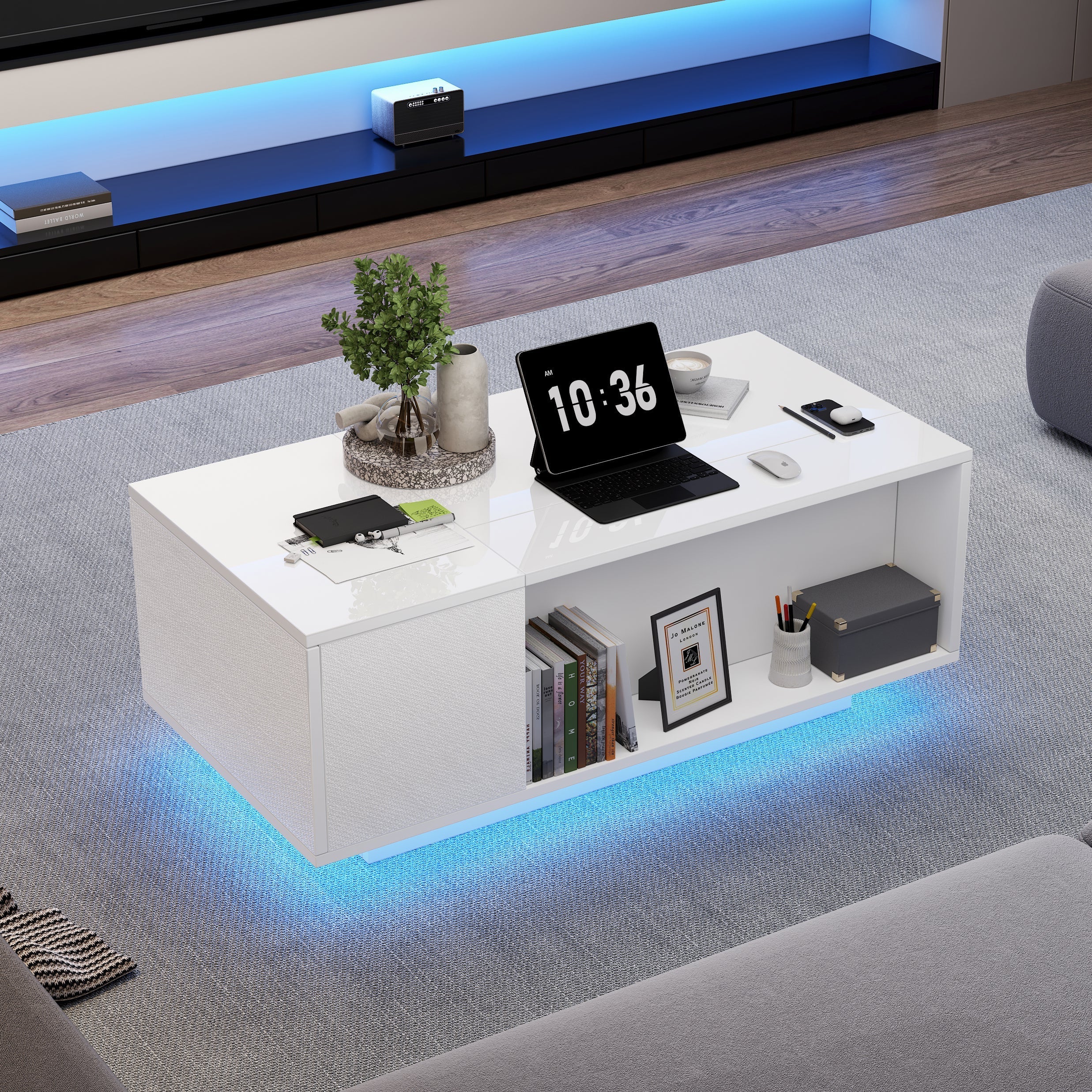 Coffee Table, Height-adjustable with Hidden Storage, LED Light & Drawer, White - Image 3