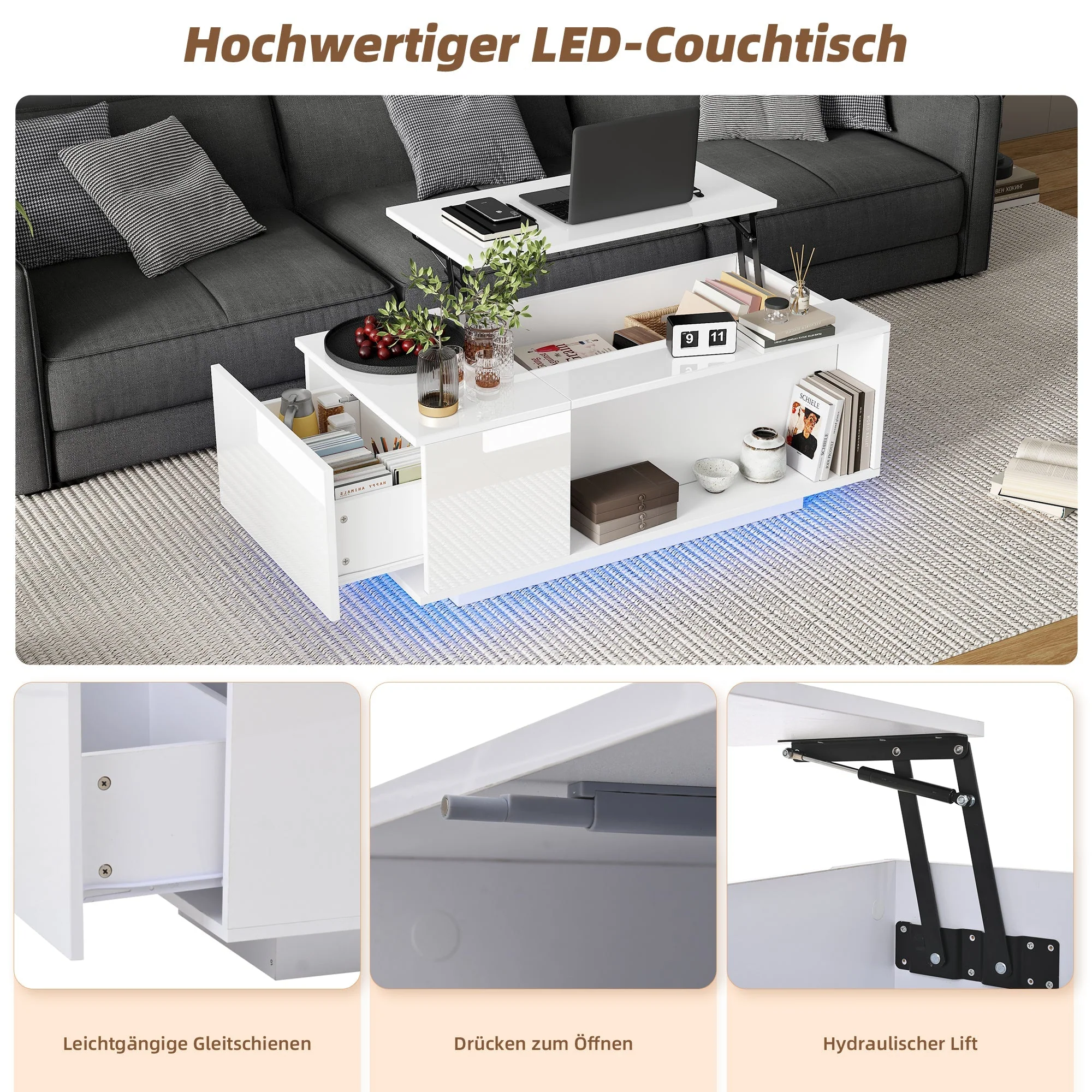 Coffee Table, Height-adjustable with Hidden Storage, LED Light & Drawer, White - Image 5