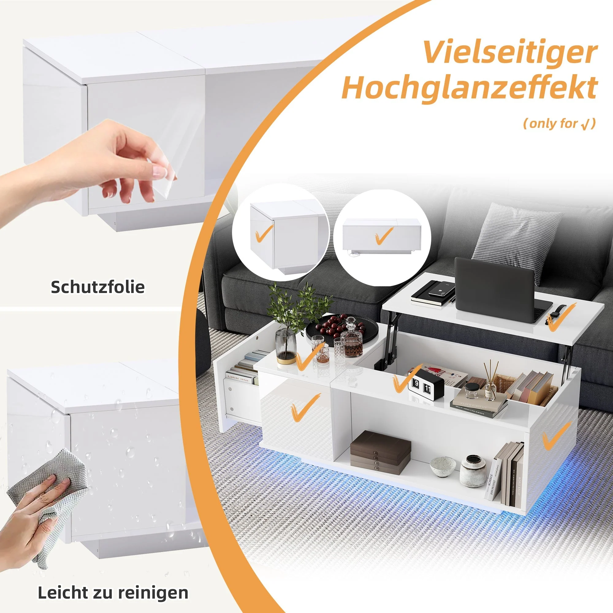 Coffee Table, Height-adjustable with Hidden Storage, LED Light & Drawer, White - Image 6