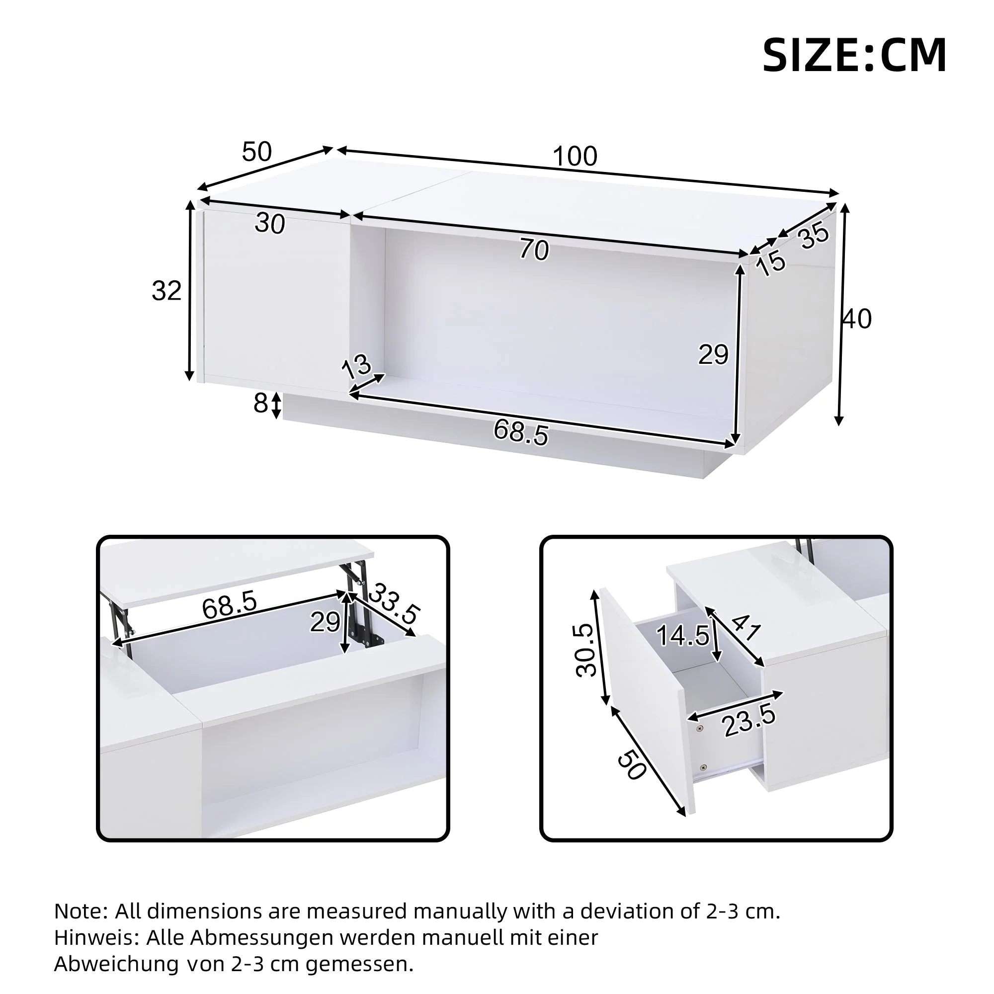 Coffee Table, Height-adjustable with Hidden Storage, LED Light & Drawer, White - Image 7