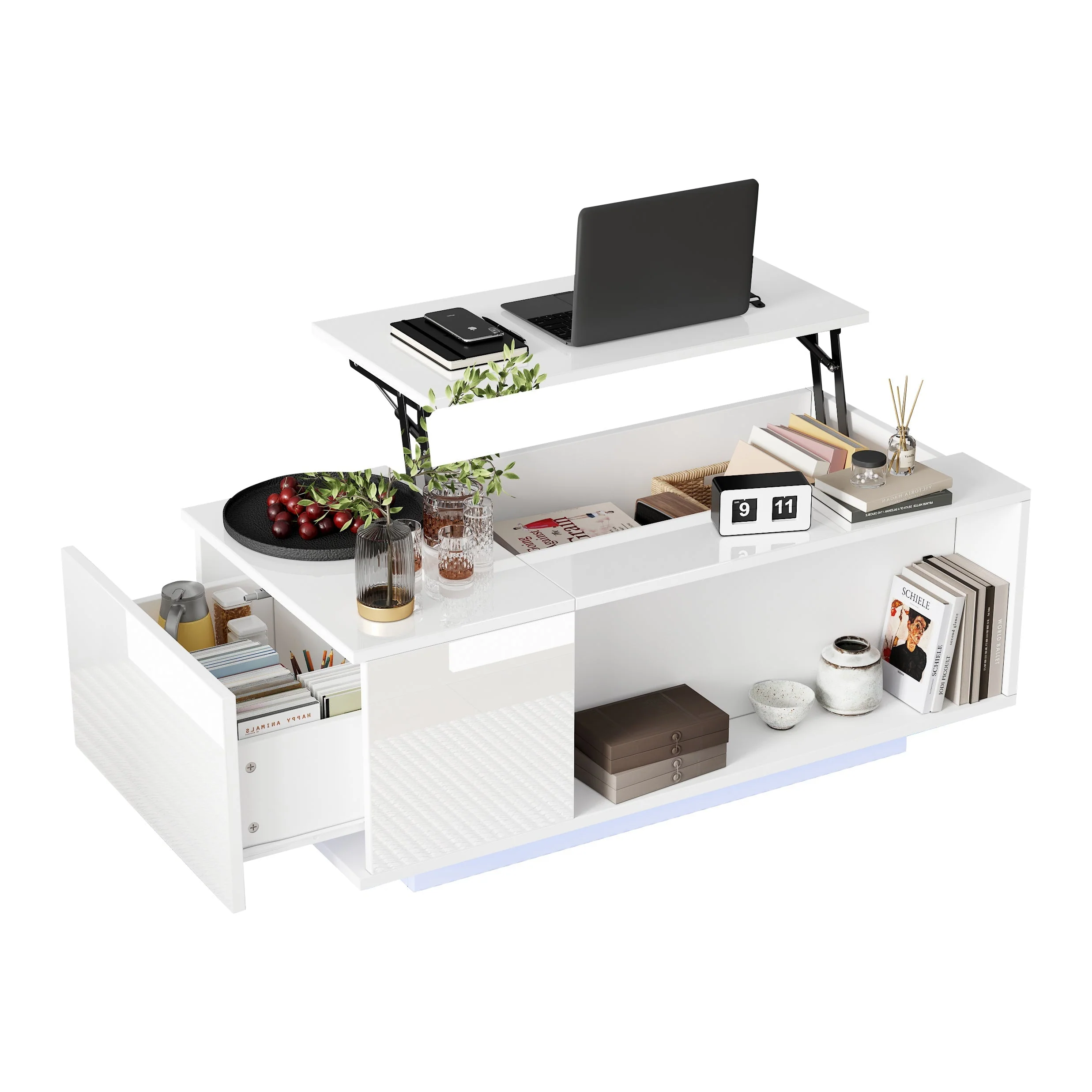 Coffee Table, Height-adjustable with Hidden Storage, LED Light & Drawer, White - Image 8