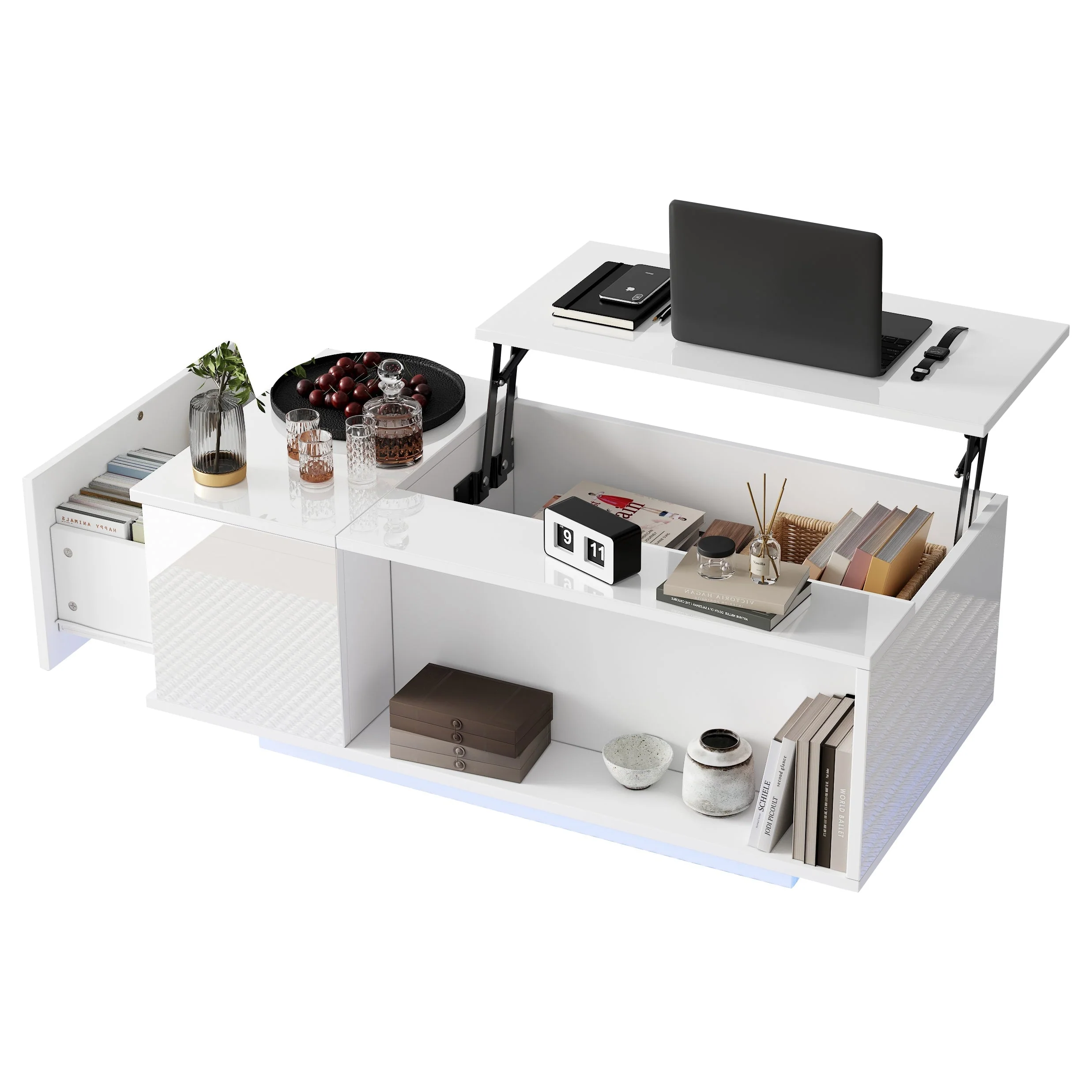 Coffee Table, Height-adjustable with Hidden Storage, LED Light & Drawer, White - Image 9