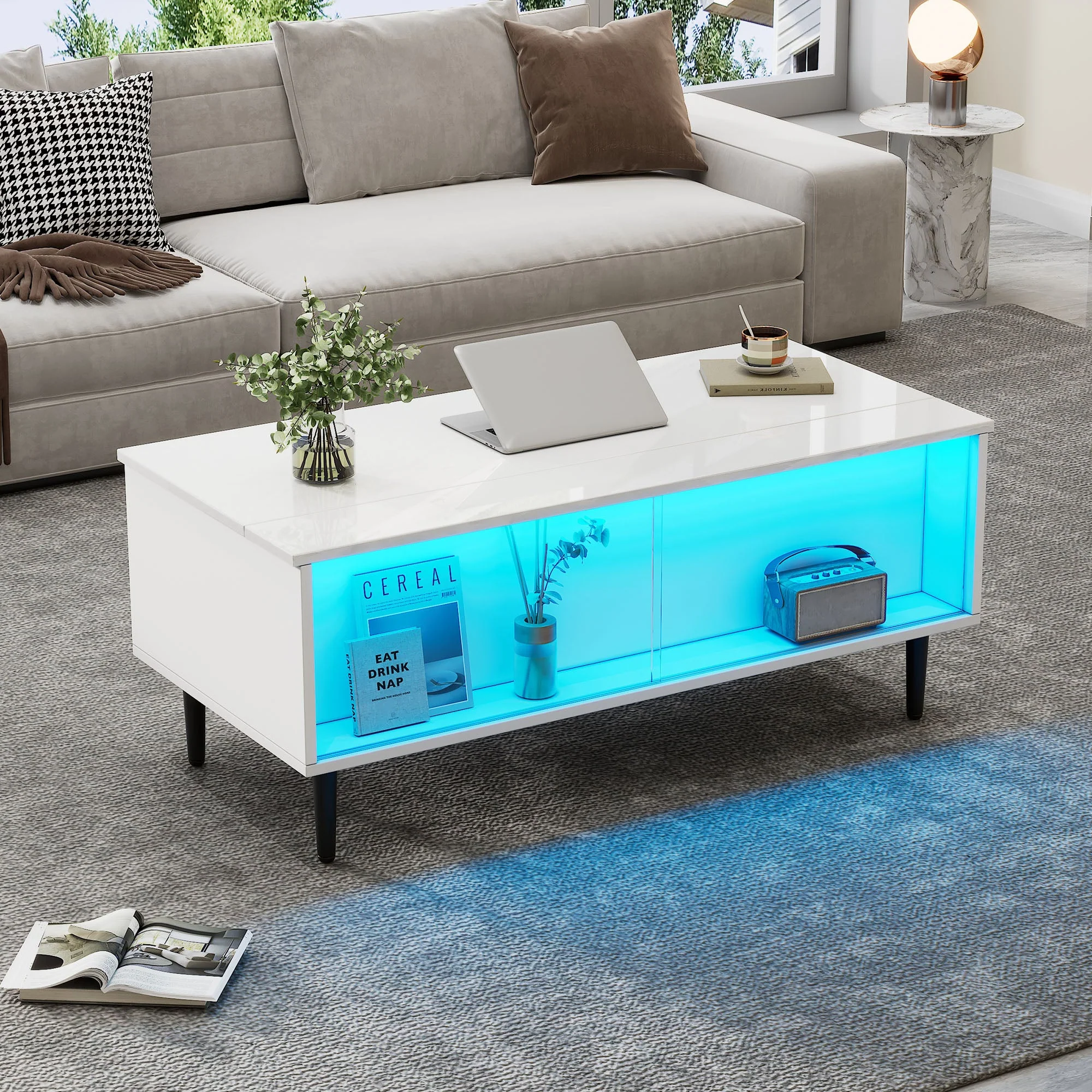 Coffee Table, Height-Adjustable with Hidden Storage & LED Light, White Tempered Glass - Image 2