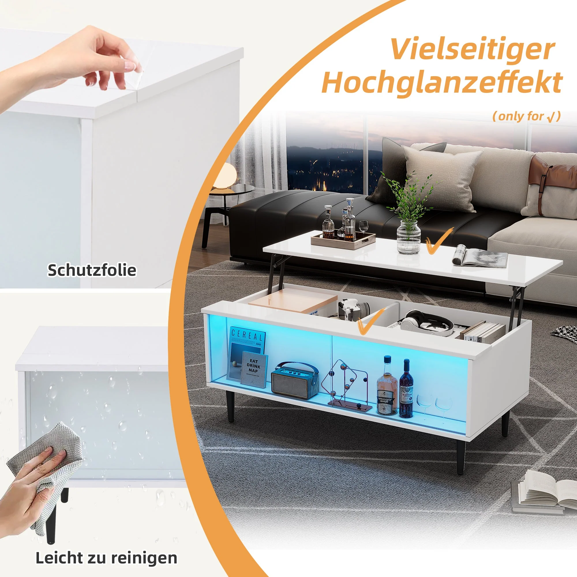 Coffee Table, Height-Adjustable with Hidden Storage & LED Light, White Tempered Glass - Image 6