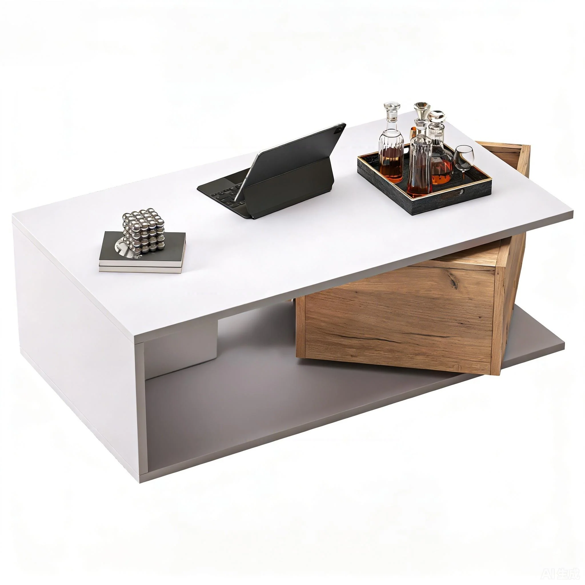 Coffee Table High-Gloss 360° Rotating Drawer Storage 90x50x30cm - White/Wood - Image 2