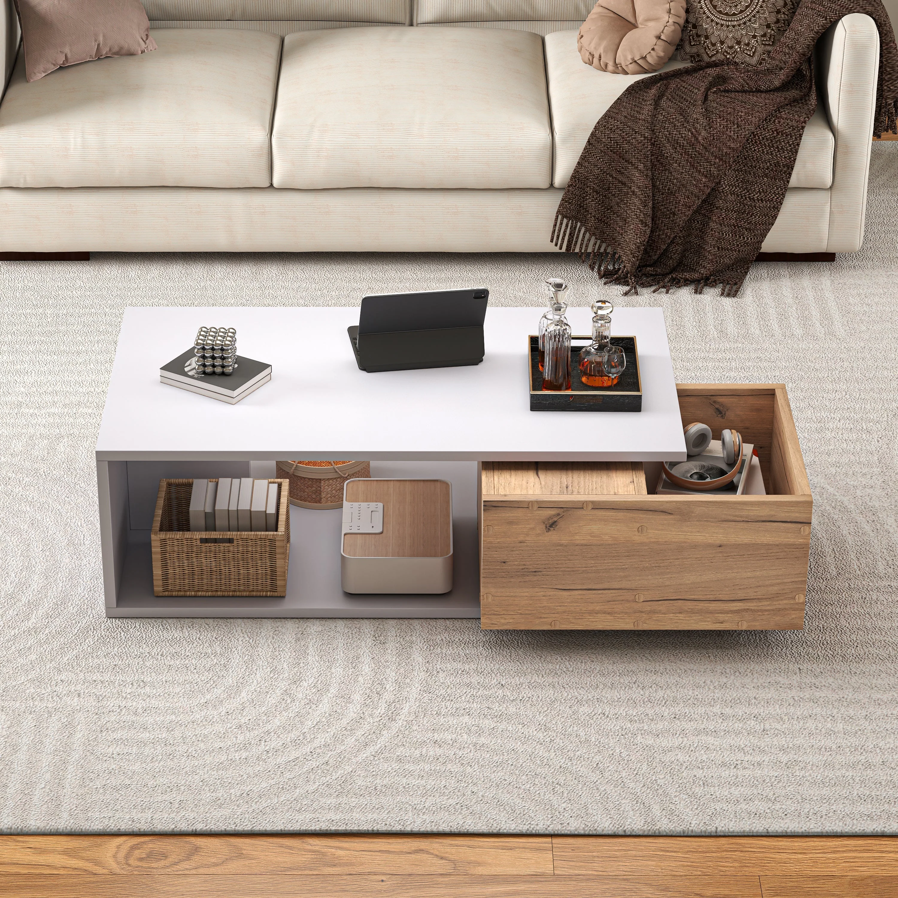 Coffee Table High-Gloss 360° Rotating Drawer Storage 90x50x30cm - White/Wood - Image 5