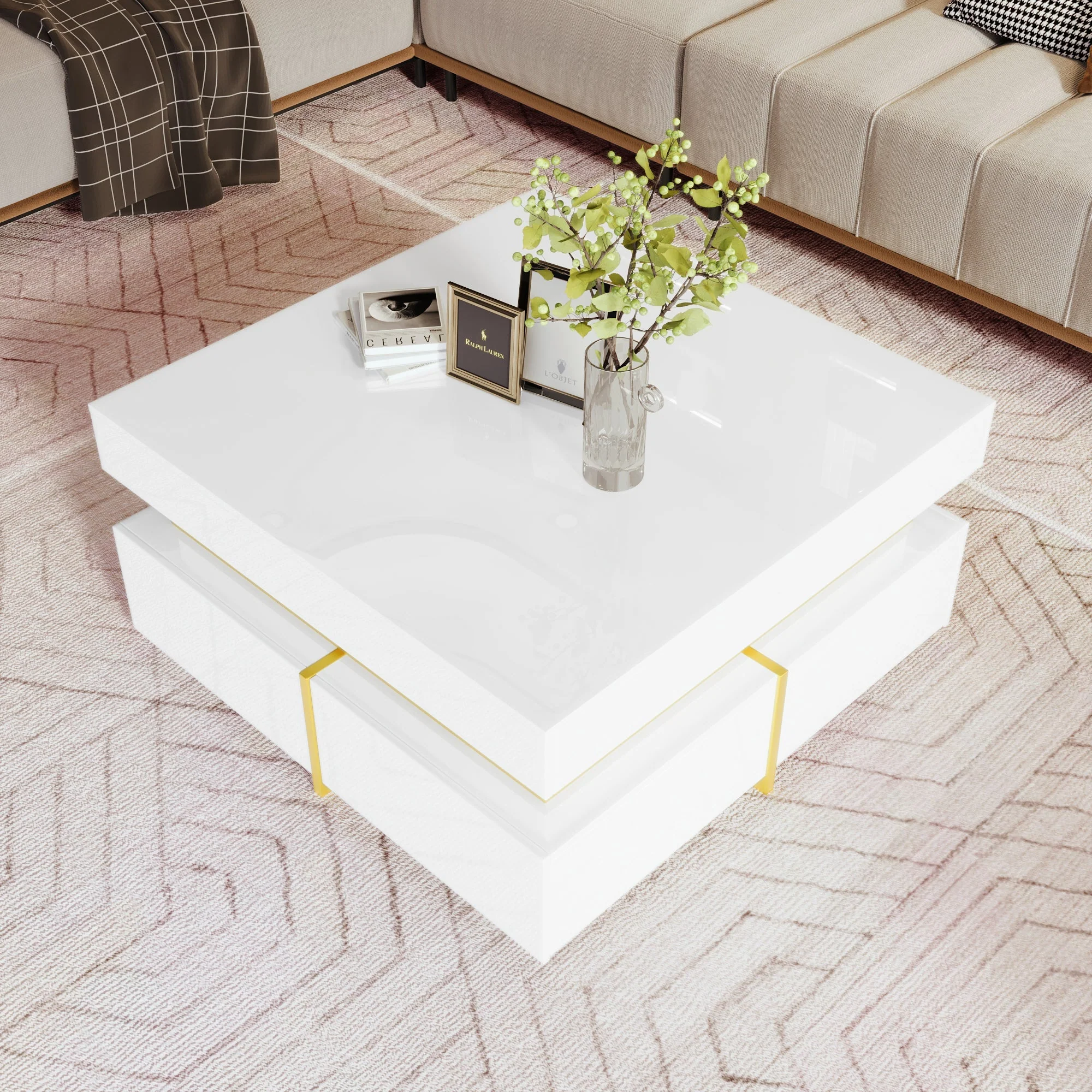 Coffee Table, High-Gloss, Drawers and Gold Accents - Image 2