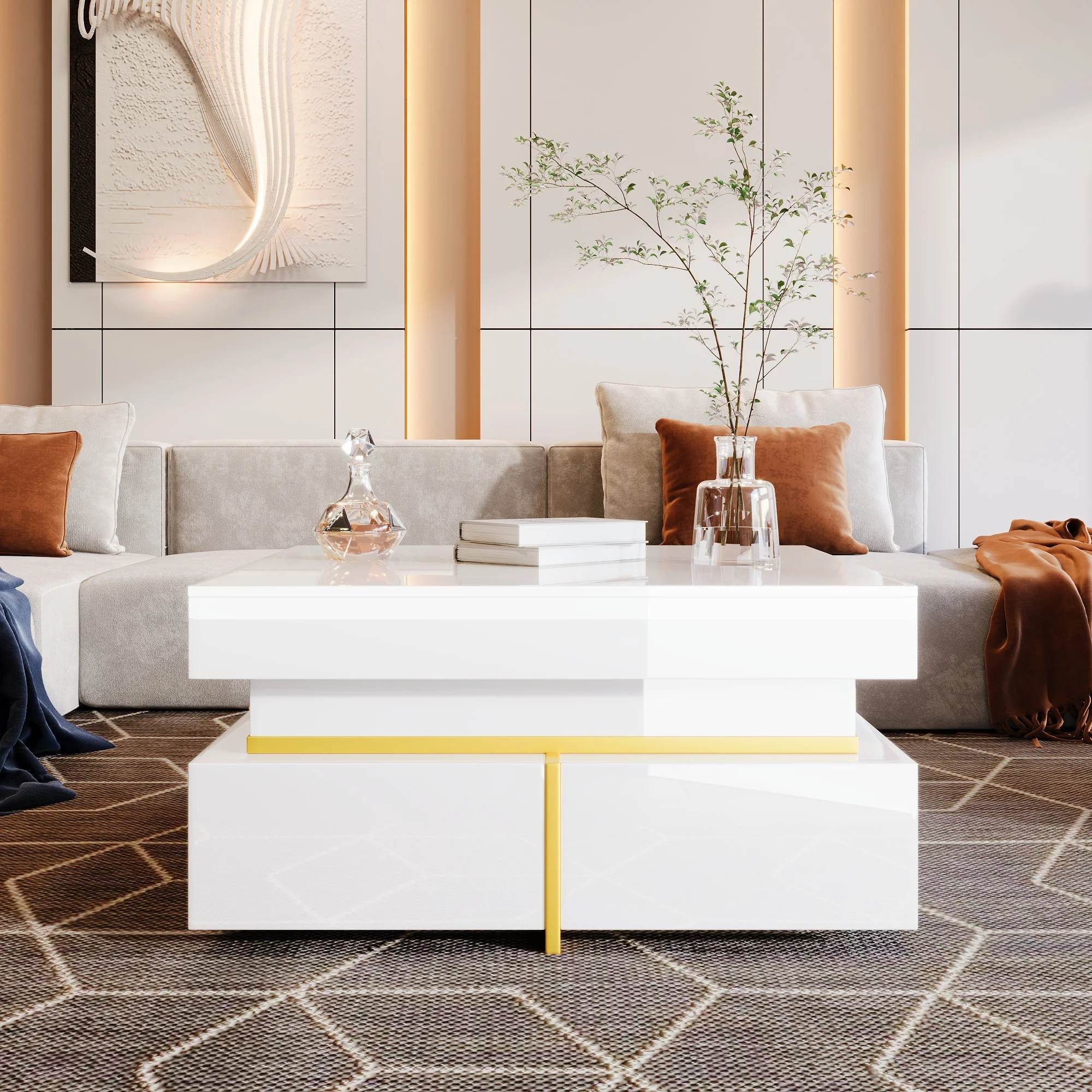 Coffee Table High-Gloss Drawers Gold Accents - Image 7