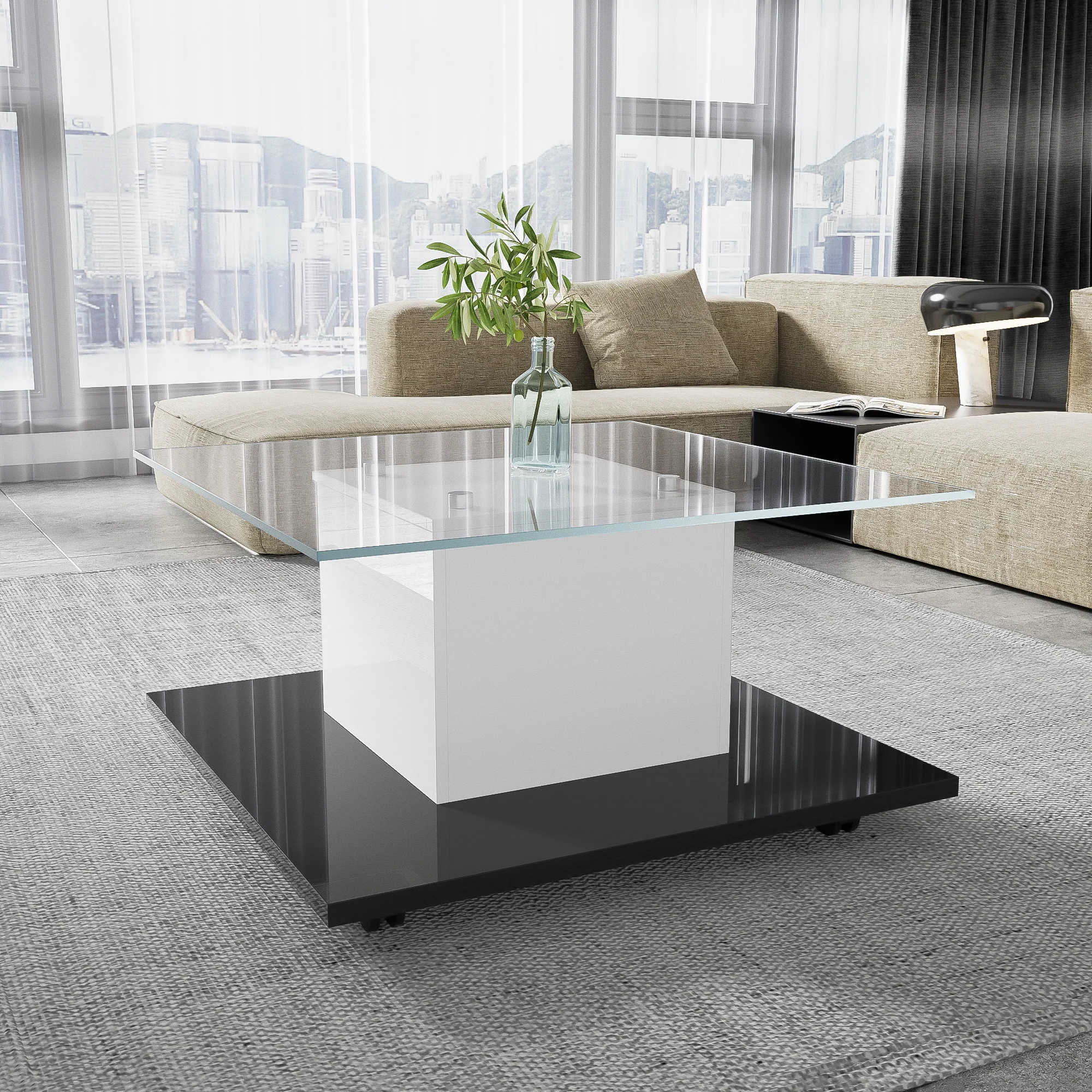 Coffee Table, High-Gloss Glass with Swivel Wheels - Image 4