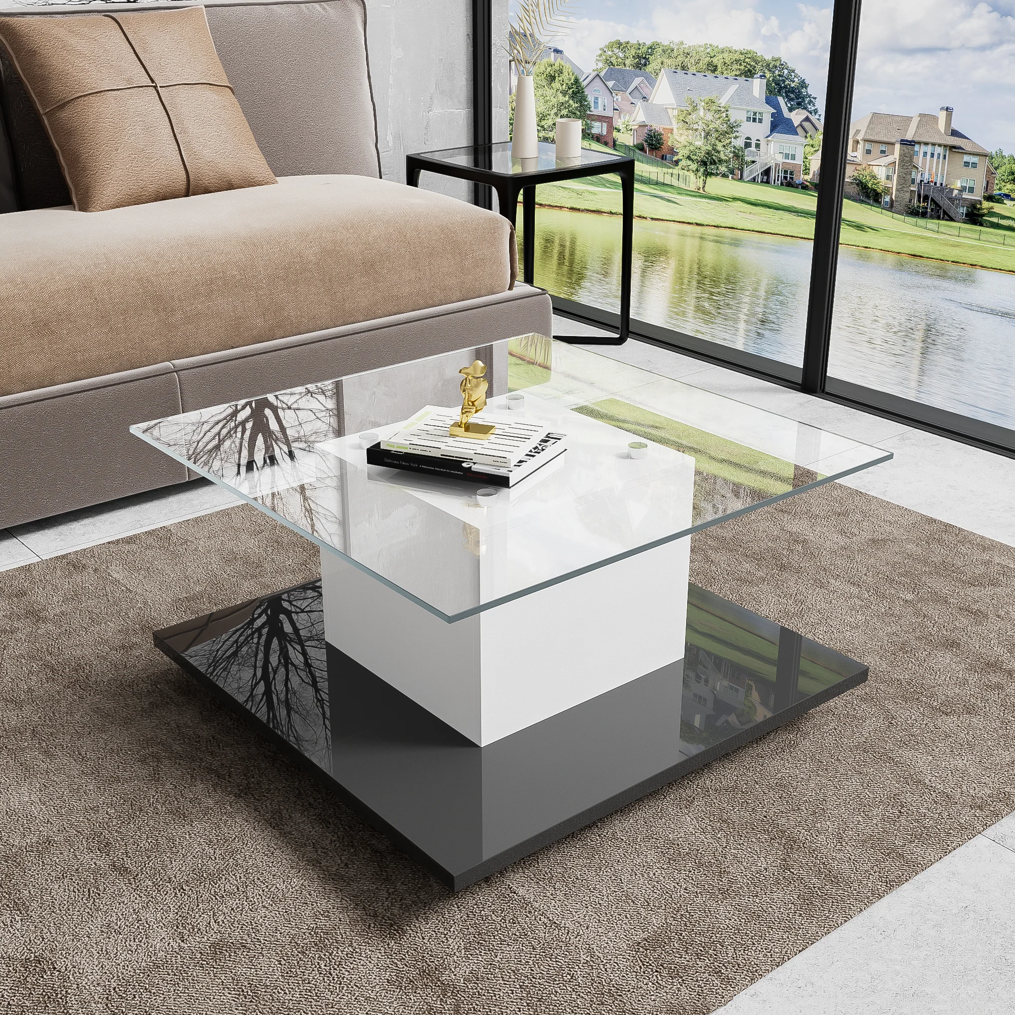 Coffee Table, High-Gloss Glass with Swivel Wheels - Image 7