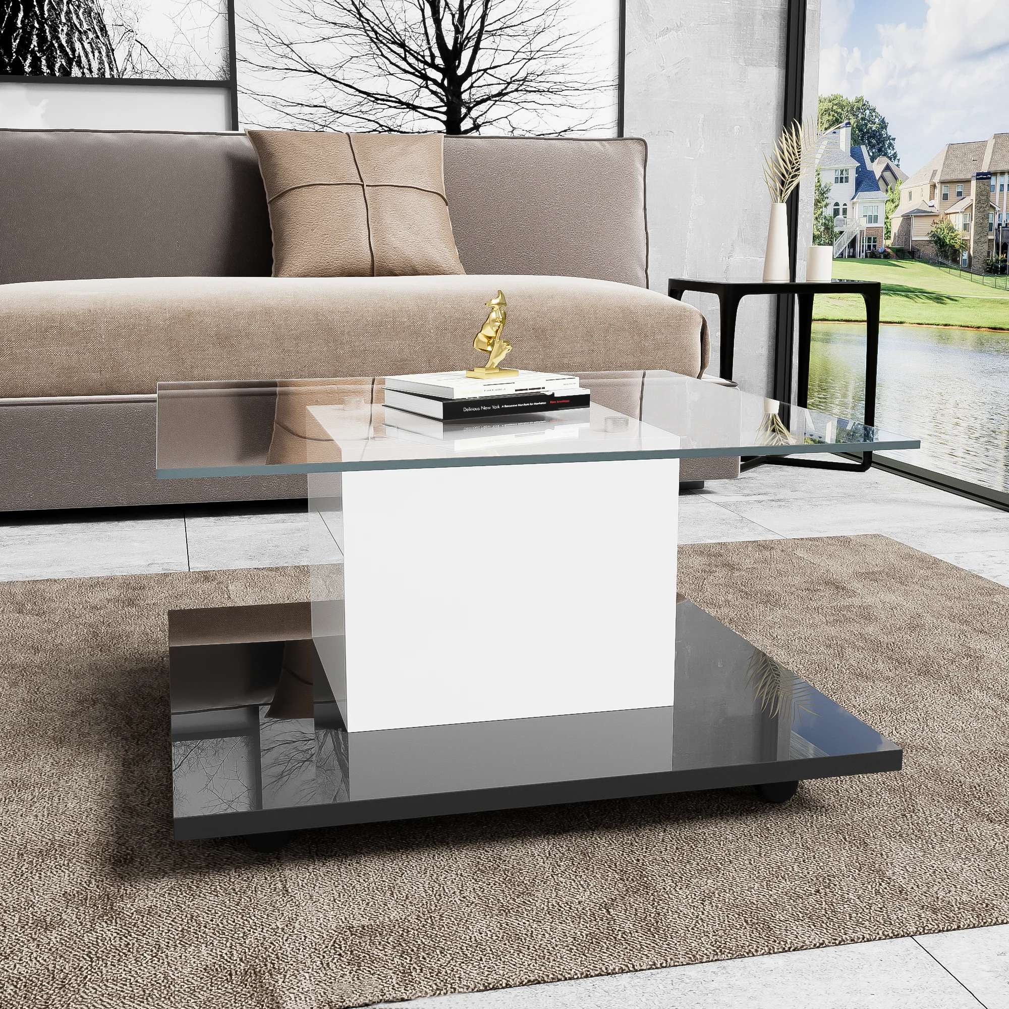 Coffee Table, High-Gloss Glass with Swivel Wheels - Image 8