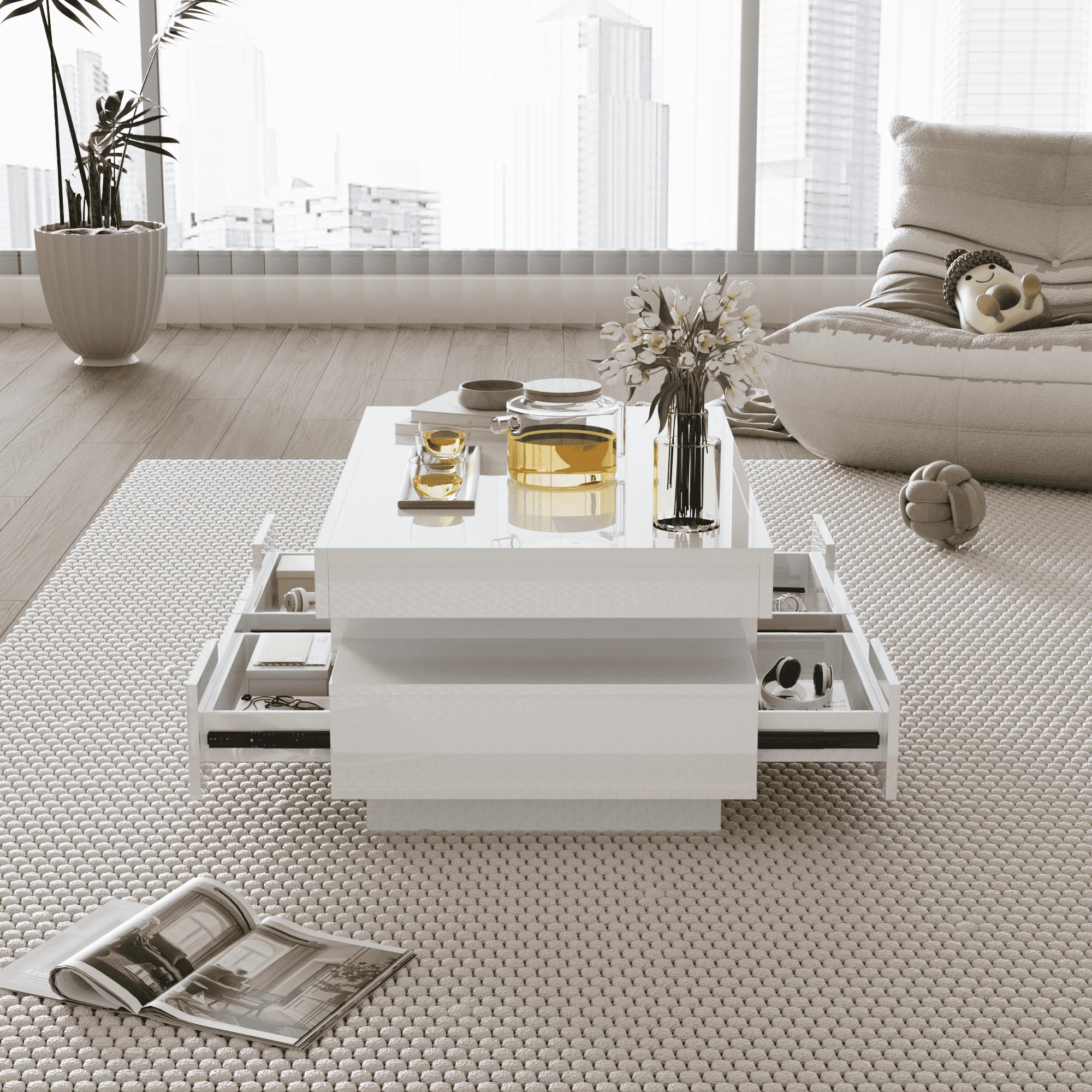 Coffee Table, High-Gloss, LED Light, Four Drawers, Large Storage - Image 2