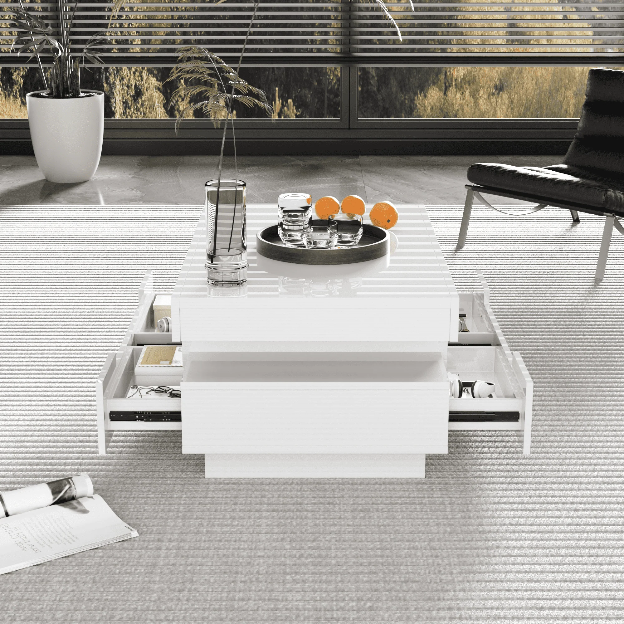 Coffee Table, High-Gloss, LED Light, Four Drawers, Large Storage - Image 4