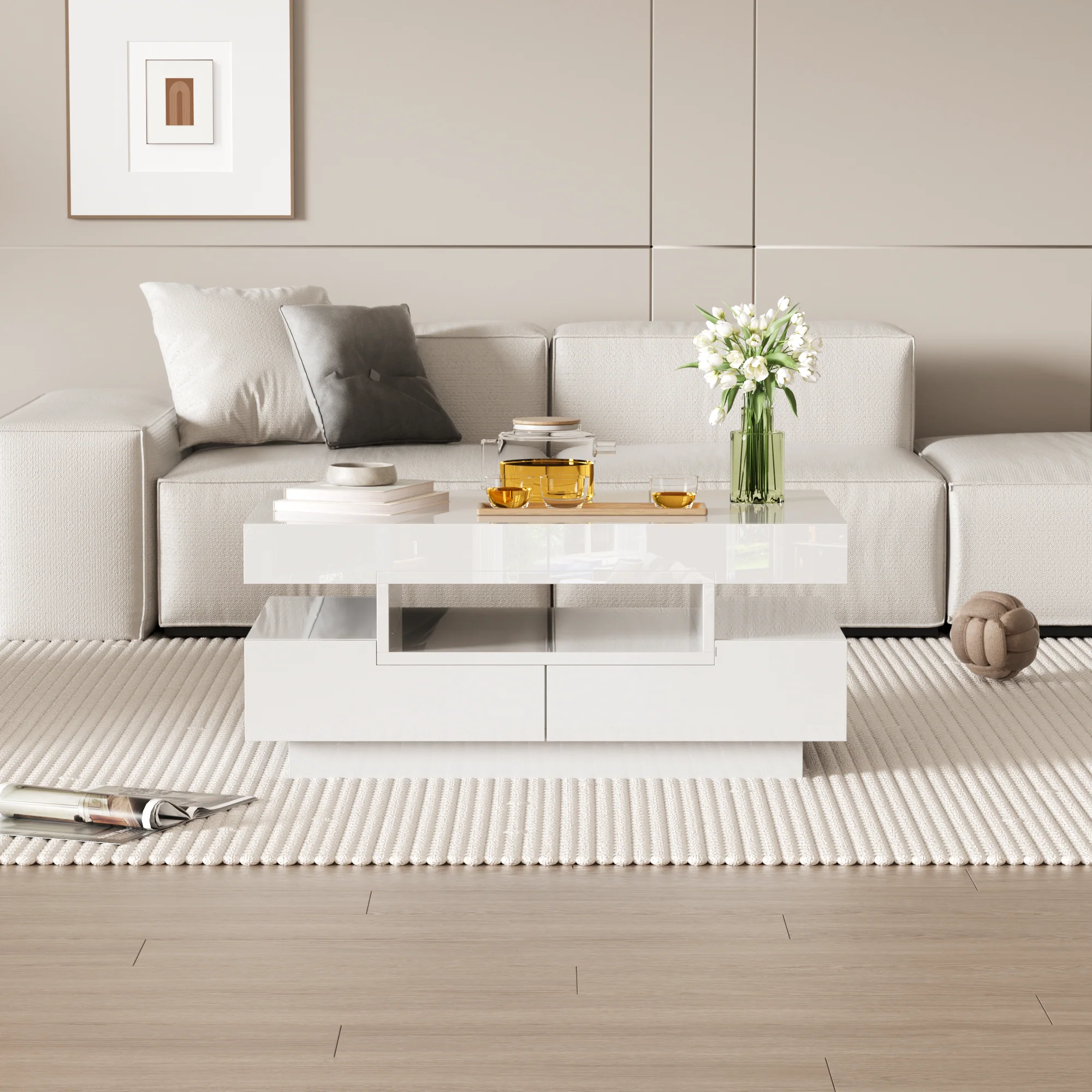 Coffee Table, High-Gloss, LED Light, Four Drawers, Large Storage - Image 5
