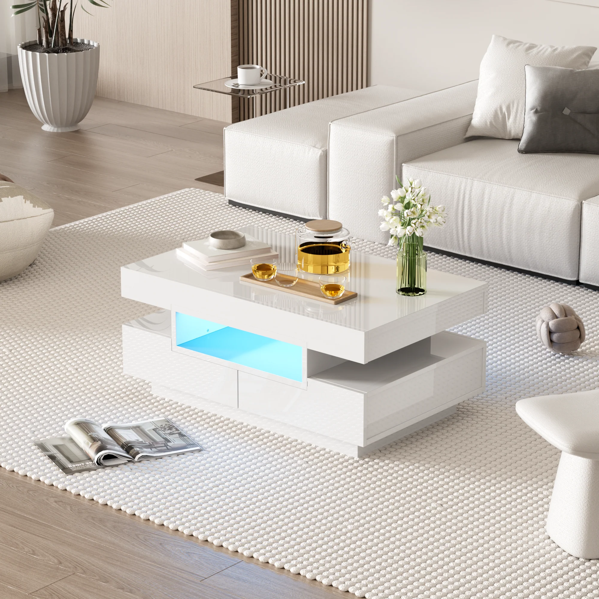 Coffee Table, High-Gloss, LED Light, Four Drawers, Large Storage - Image 6