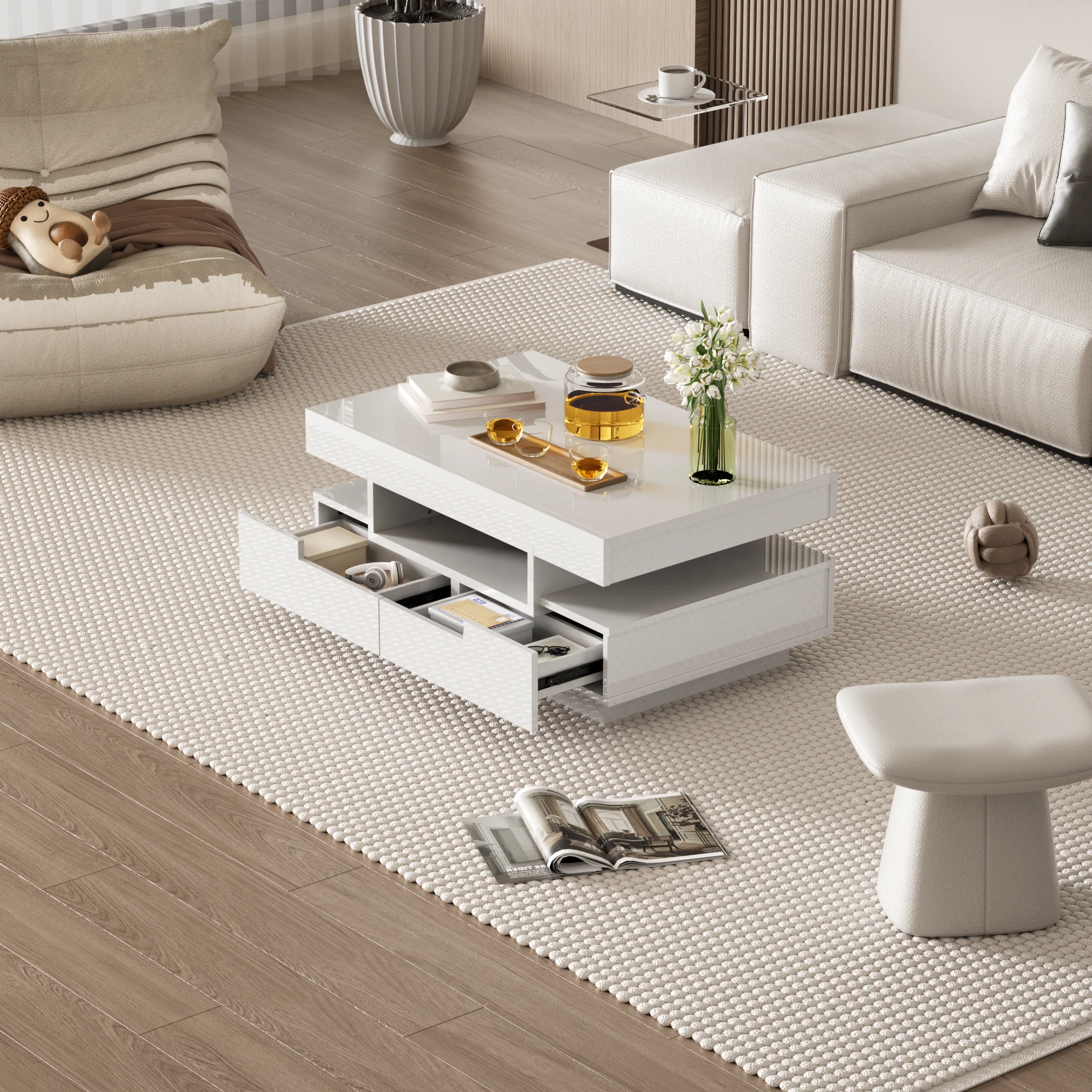 Coffee Table, High-Gloss, LED Light, Four Drawers, Large Storage - Image 7