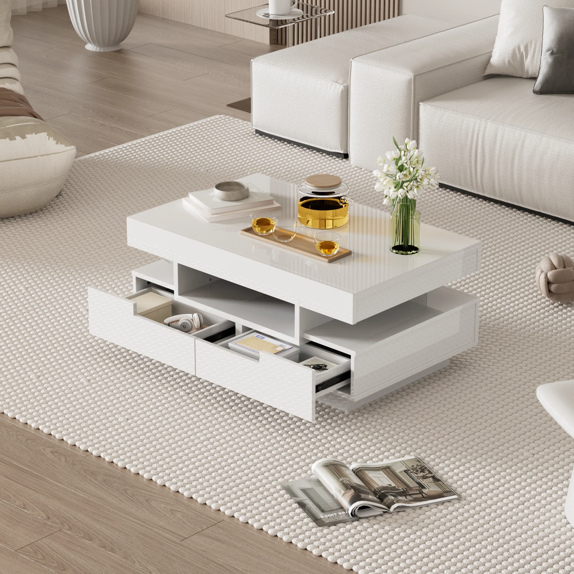 Coffee Table, High-Gloss, LED Light, Four Drawers, Large Storage - Image 8