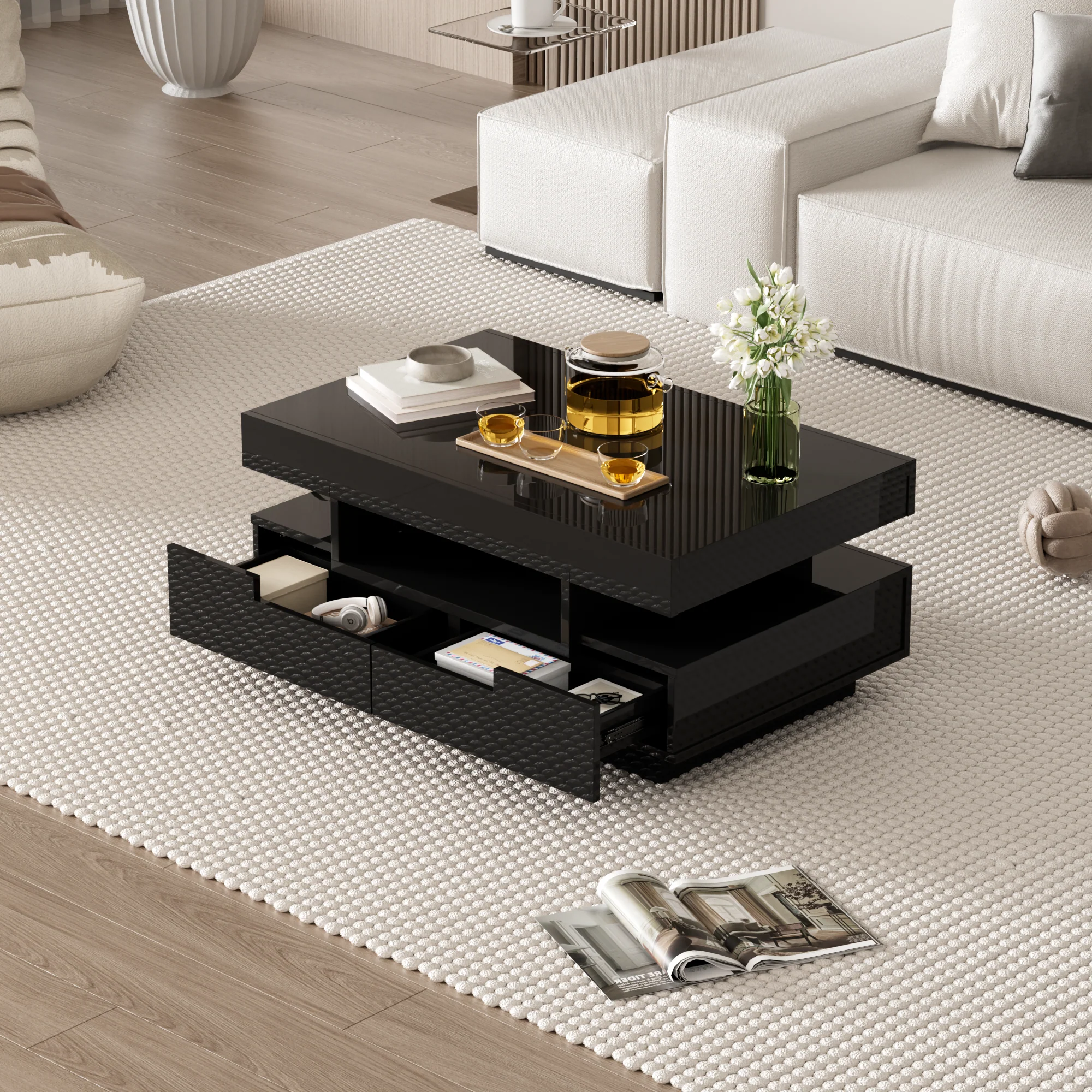 Coffee Table, High-Gloss, LED Light, Four Drawers, Large Storage, White - Image 14