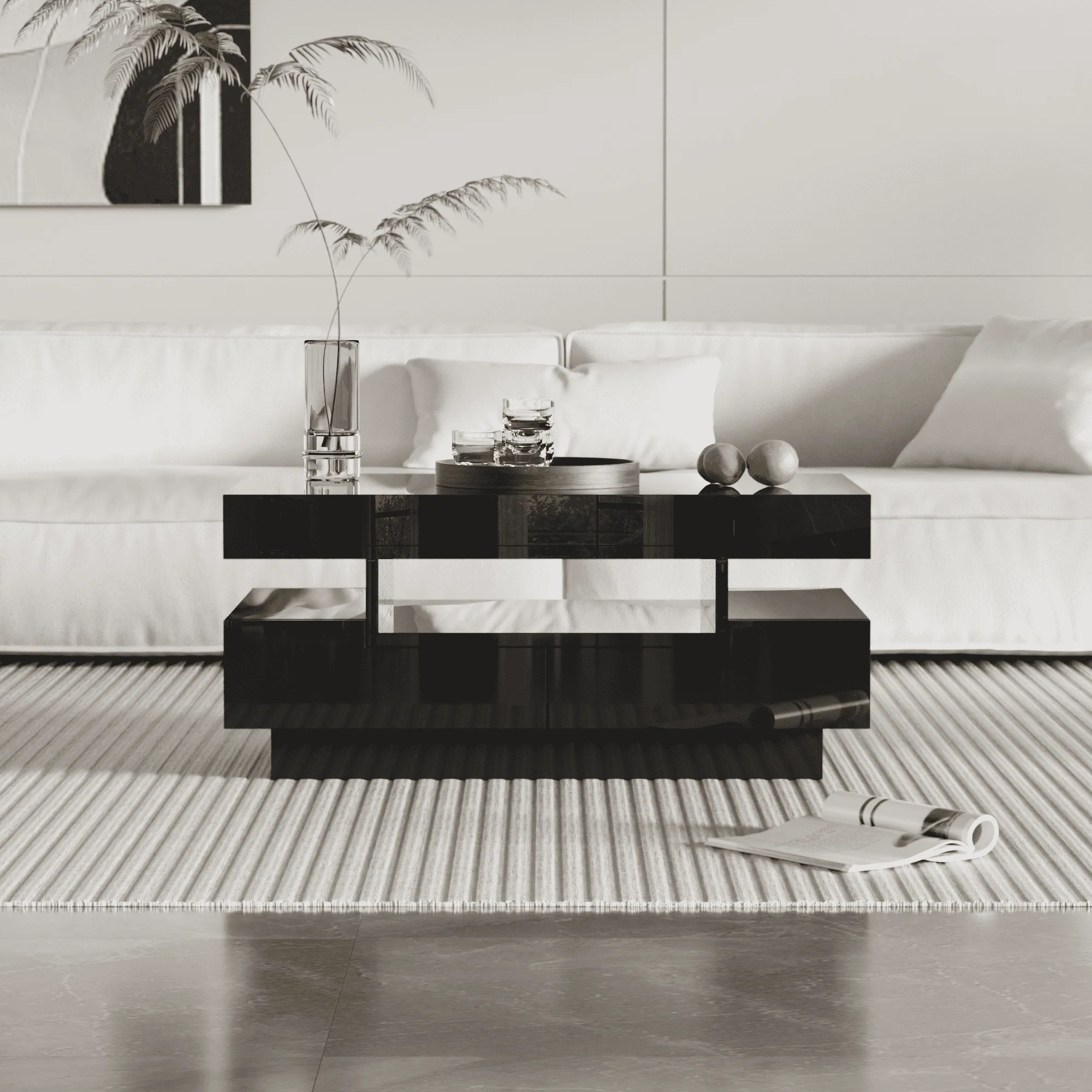 Coffee Table, High-Gloss, LED Light, Four Drawers, Large Storage, White - Image 8