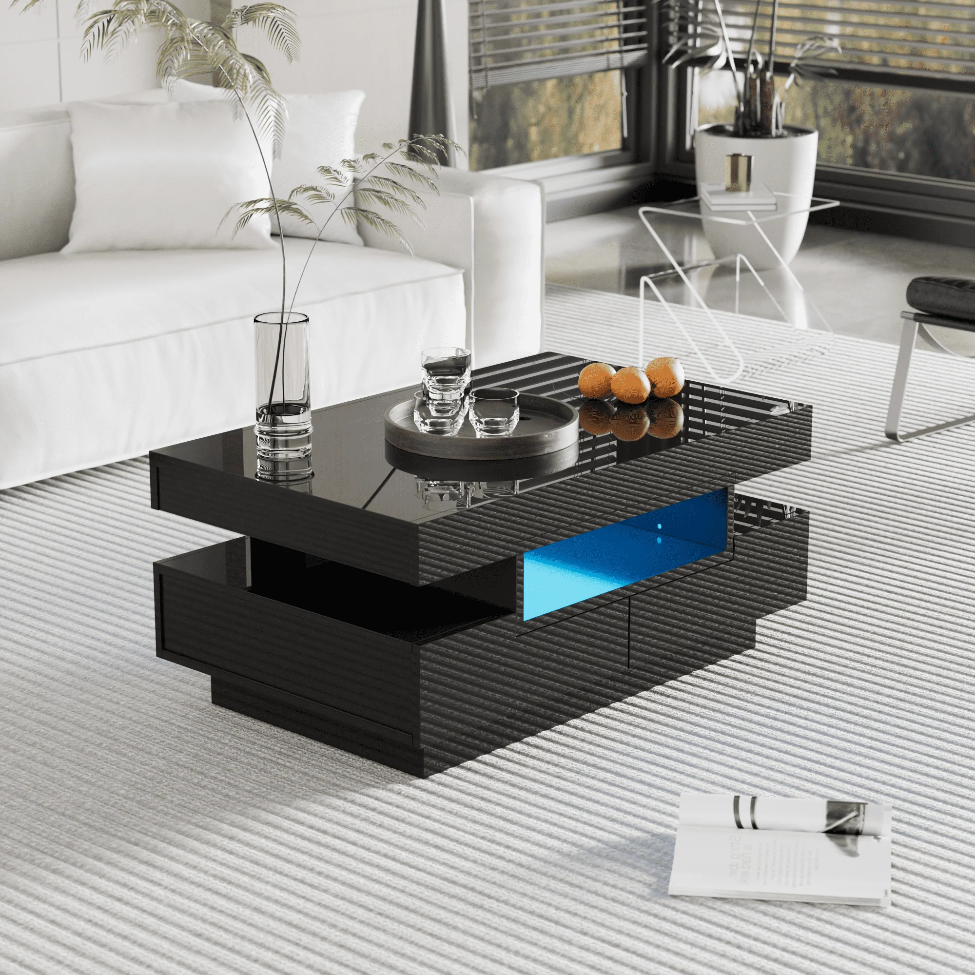 Coffee Table, High-Gloss, LED Light, Four Drawers, Large Storage, White - Image 9