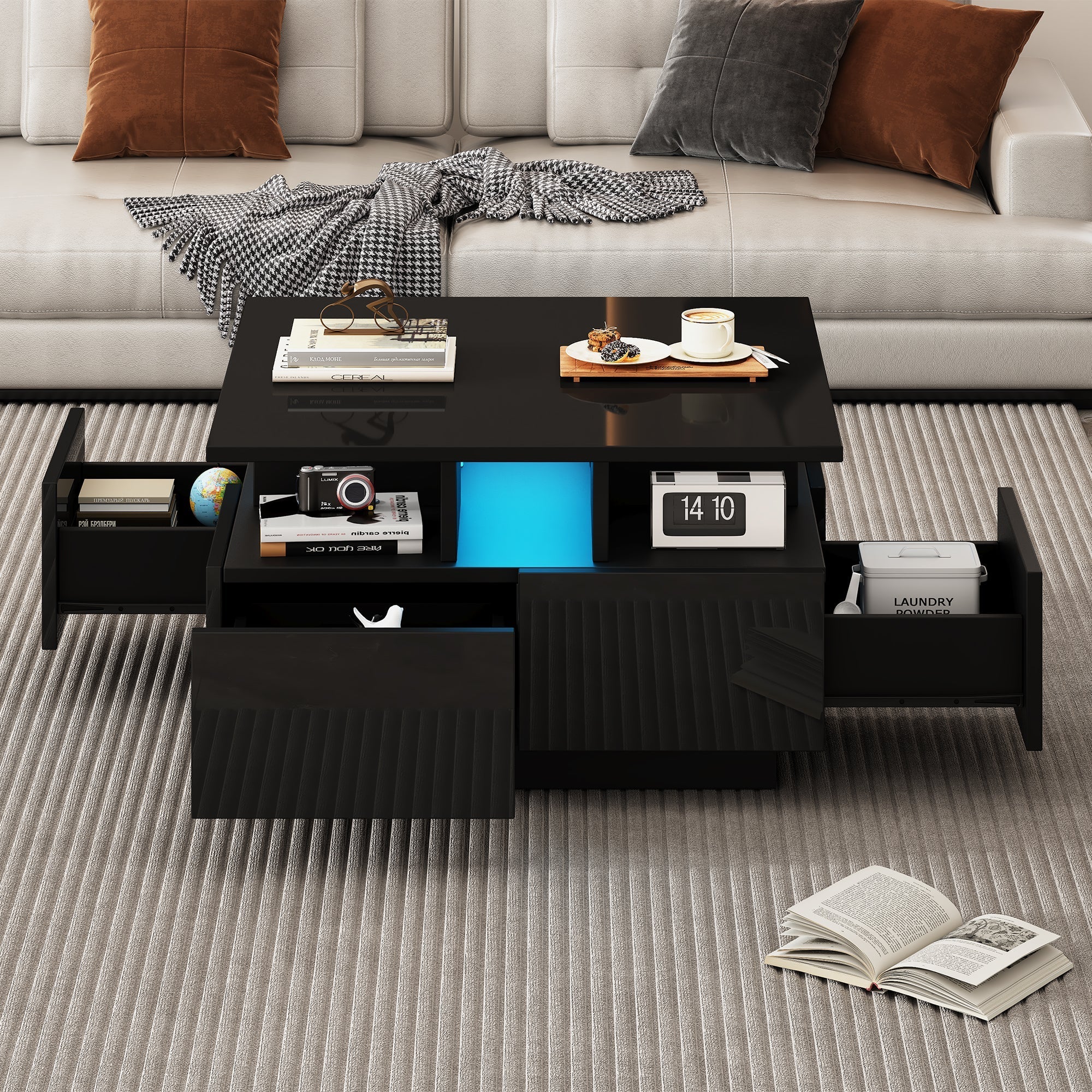 Coffee Table, High-Gloss LED with 4 Drawers, Geometric Design, Black - Image 2