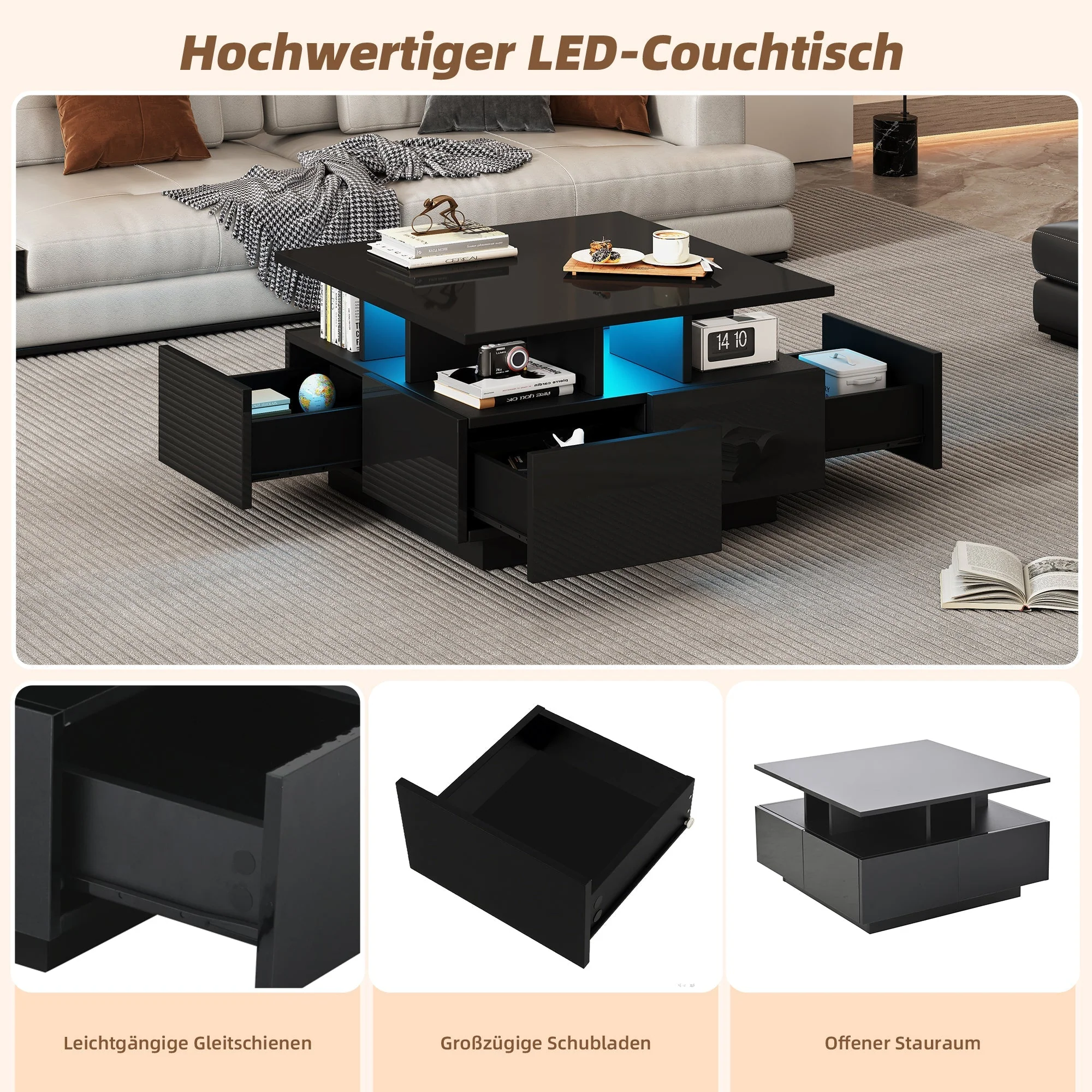 Coffee Table, High-Gloss LED with 4 Drawers, Geometric Design, Black - Image 6