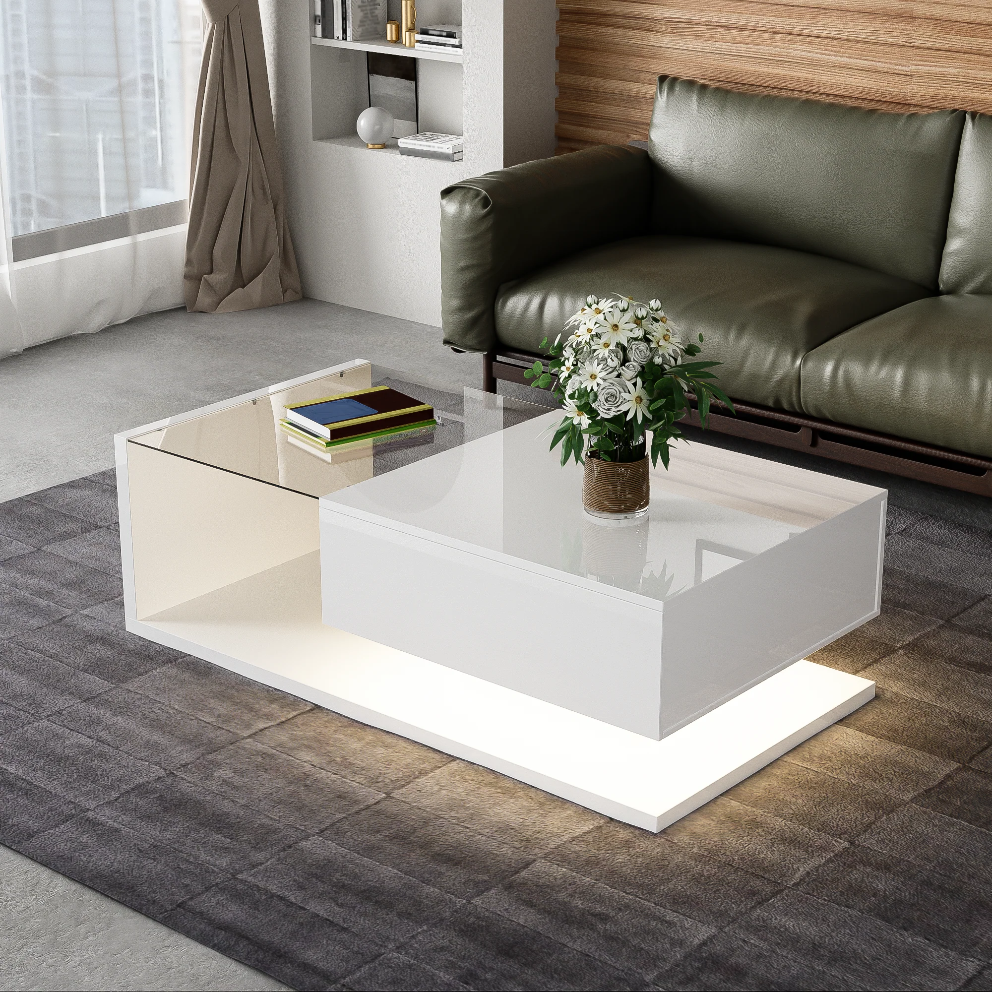 Coffee table, high-gloss white
Side table, coffee table, with glass and LED effect