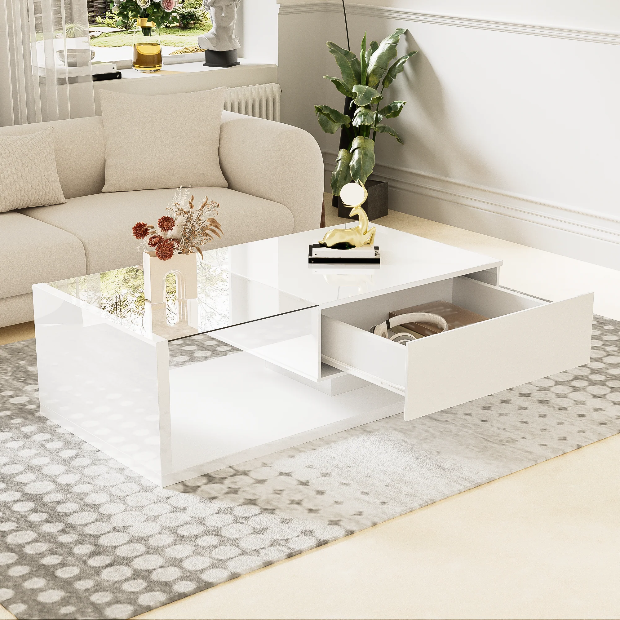 Coffee table, high-gloss white
Side table, coffee table, with glass and LED effect - Image 10
