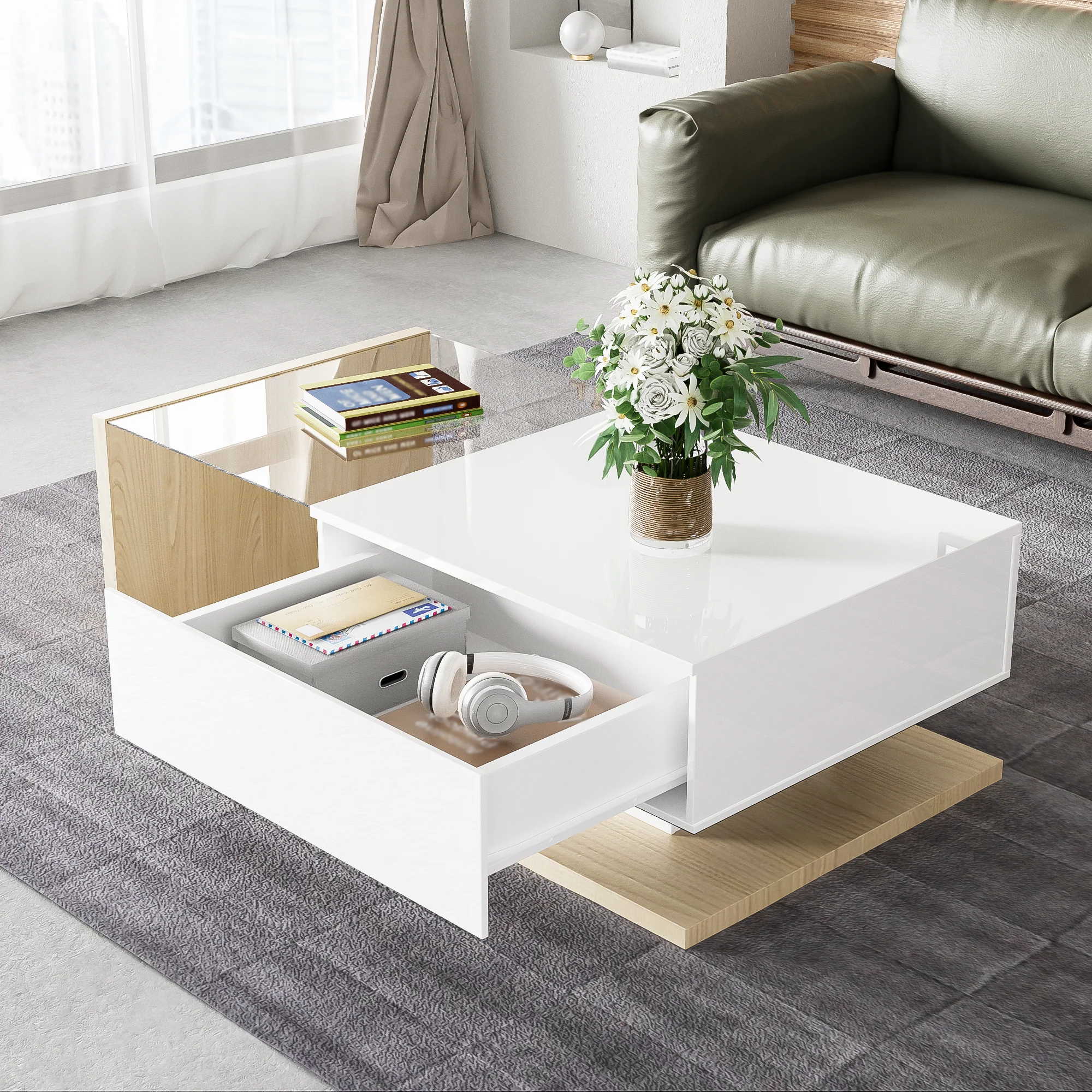 Coffee Table, High-Gloss White & Wood with Glass and LED Effect - Image 6