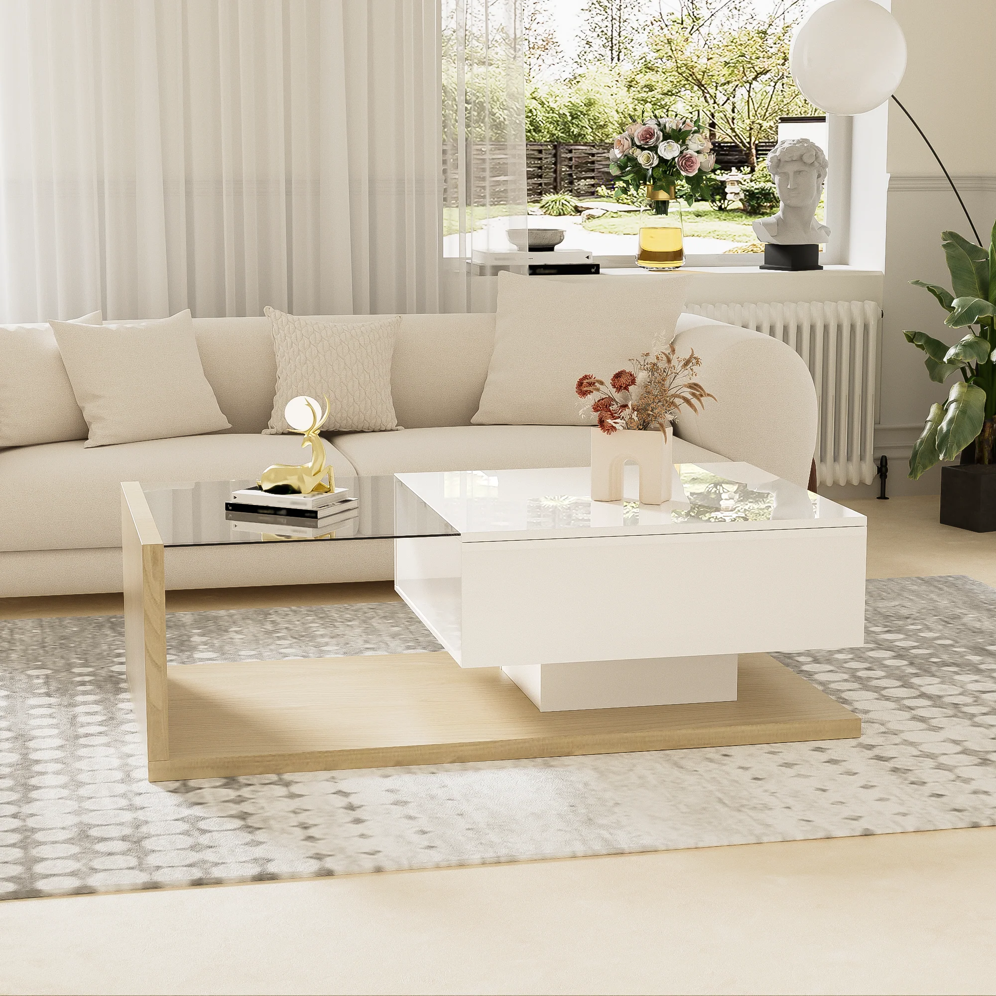 Coffee Table, High-Gloss White & Wood with Glass and LED Effect - Image 8