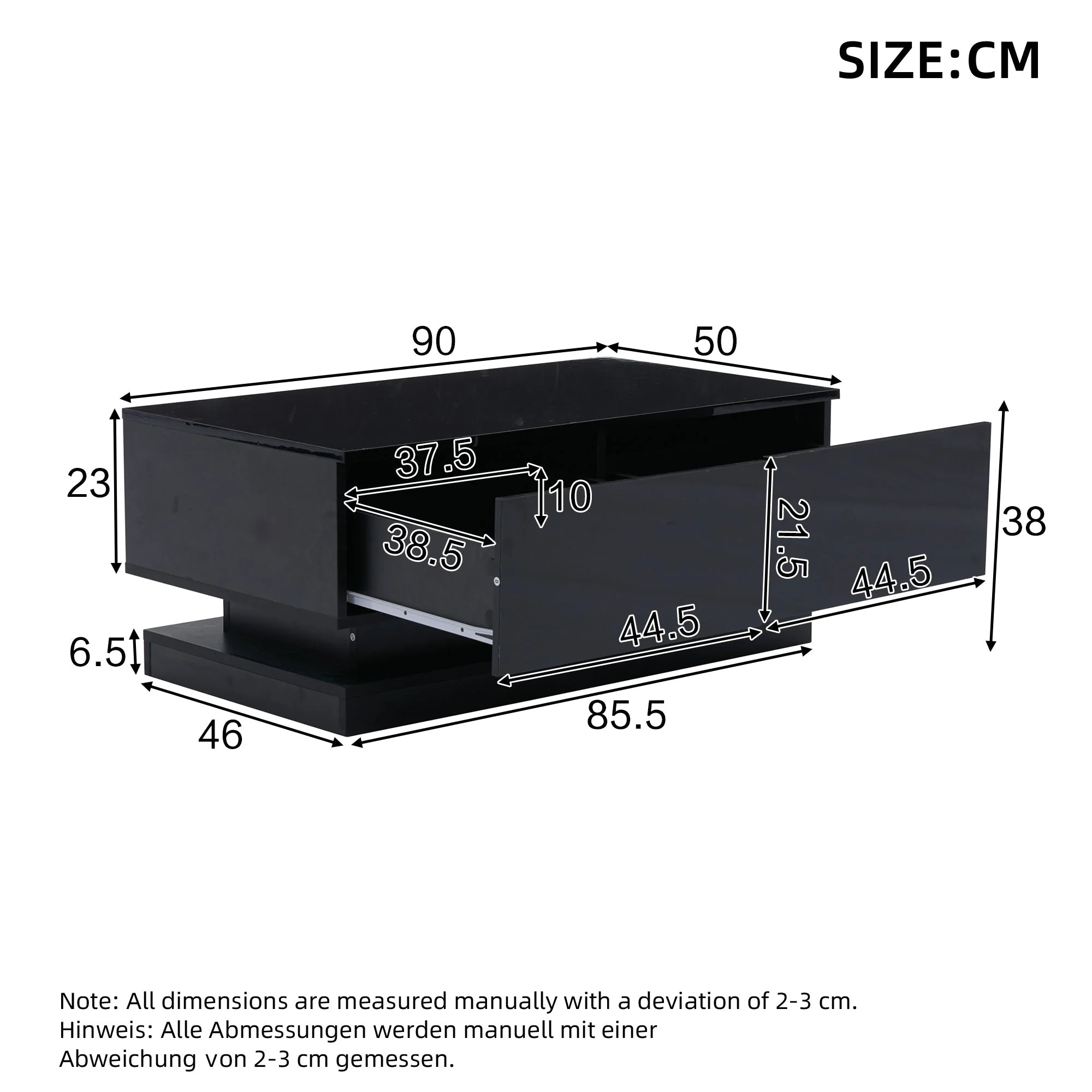 Coffee Table, High-Gloss with 2 Drawers & LED Lighting, Black - Image 6
