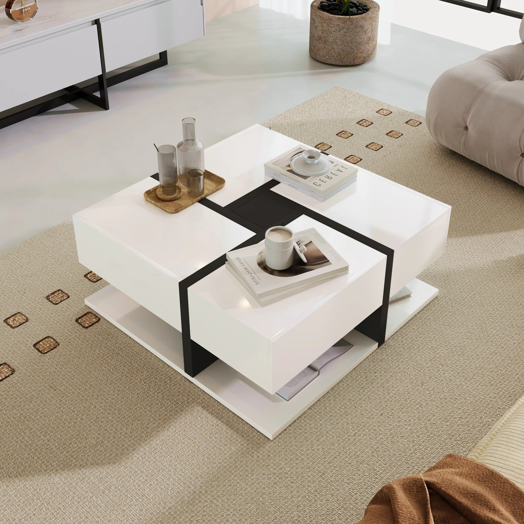 Coffee Table, High-Gloss with 4 Drawers, Linear Design
