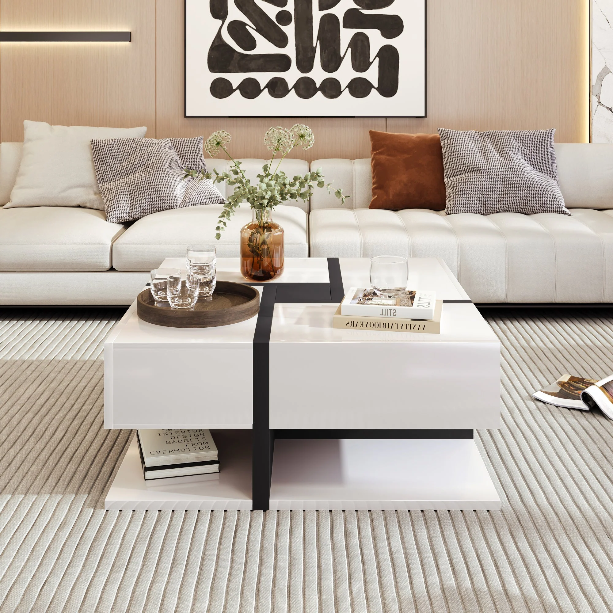Coffee Table, High-Gloss with 4 Drawers, Linear Design - Image 2