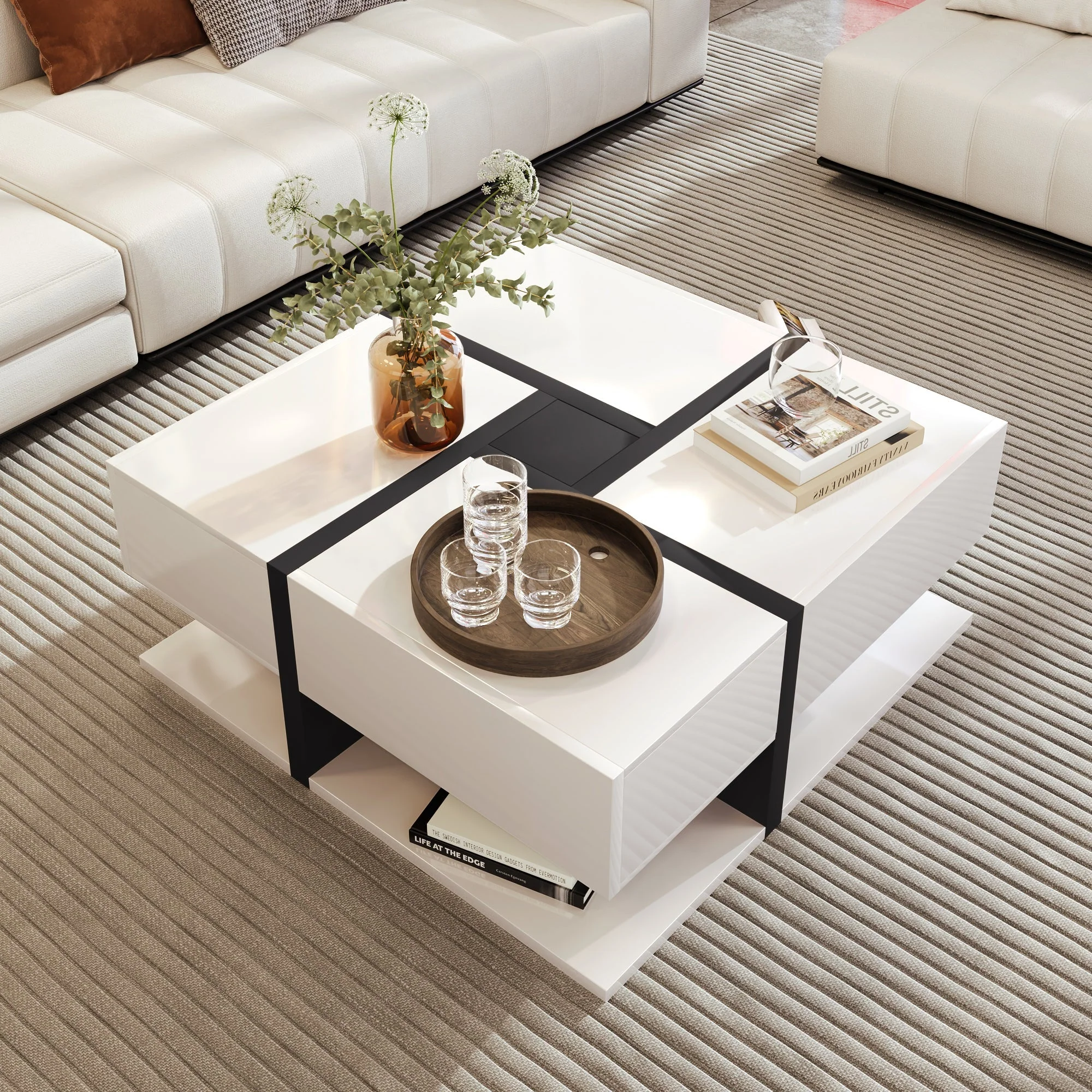 Coffee Table, High-Gloss with 4 Drawers, Linear Design - Image 3