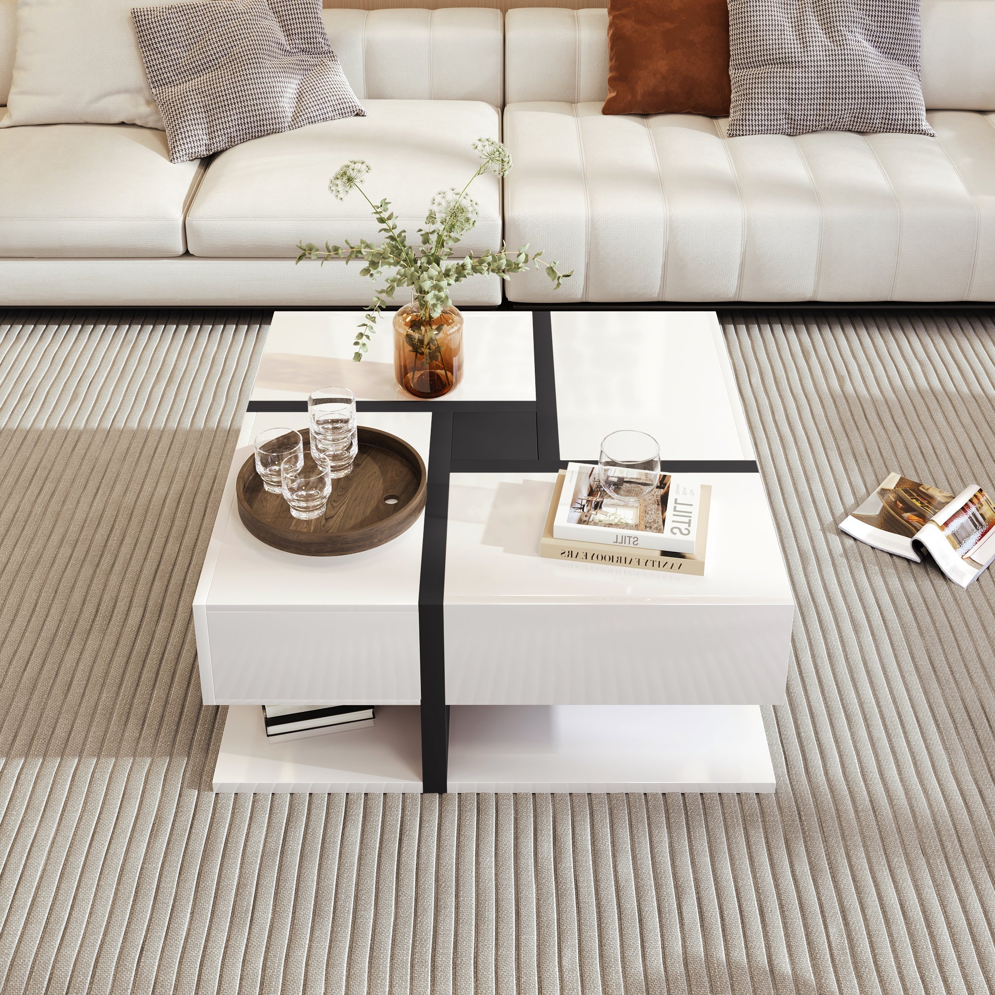 Coffee Table, High-Gloss with 4 Drawers, Linear Design - Image 4