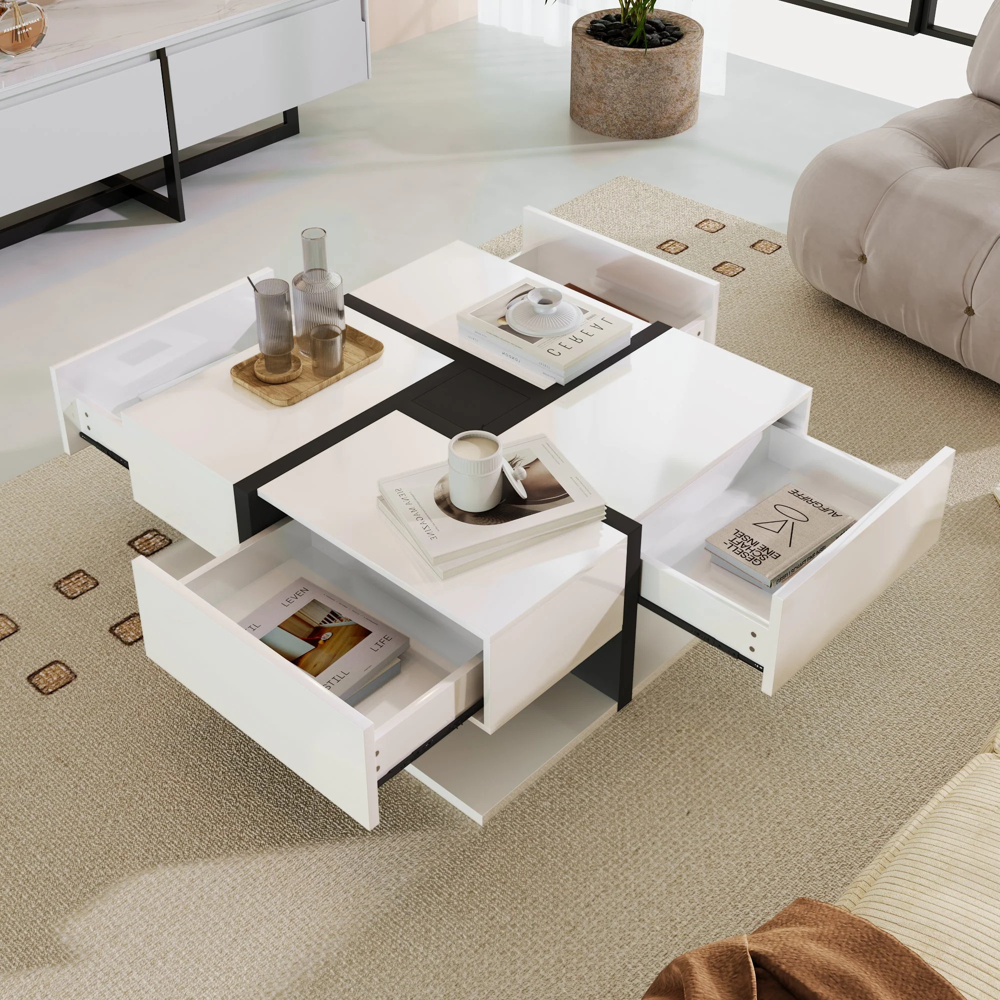 Coffee Table, High-Gloss with 4 Drawers, Linear Design - Image 6