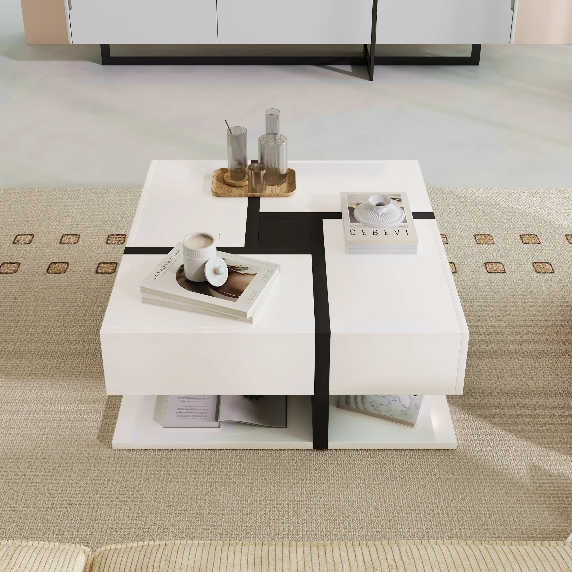 Coffee Table, High-Gloss with 4 Drawers, Linear Design - Image 7