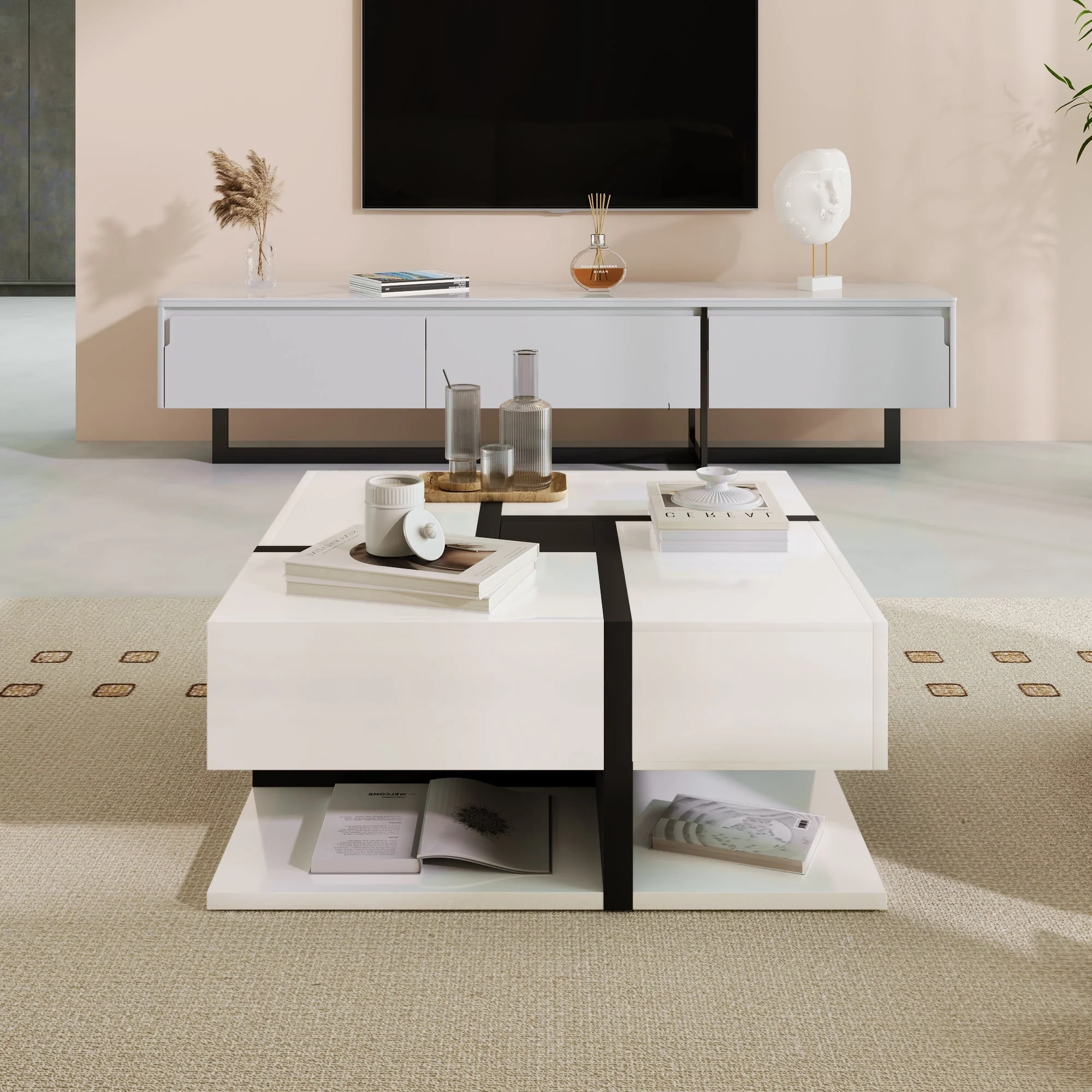 Coffee Table, High-Gloss with 4 Drawers, Linear Design - Image 9