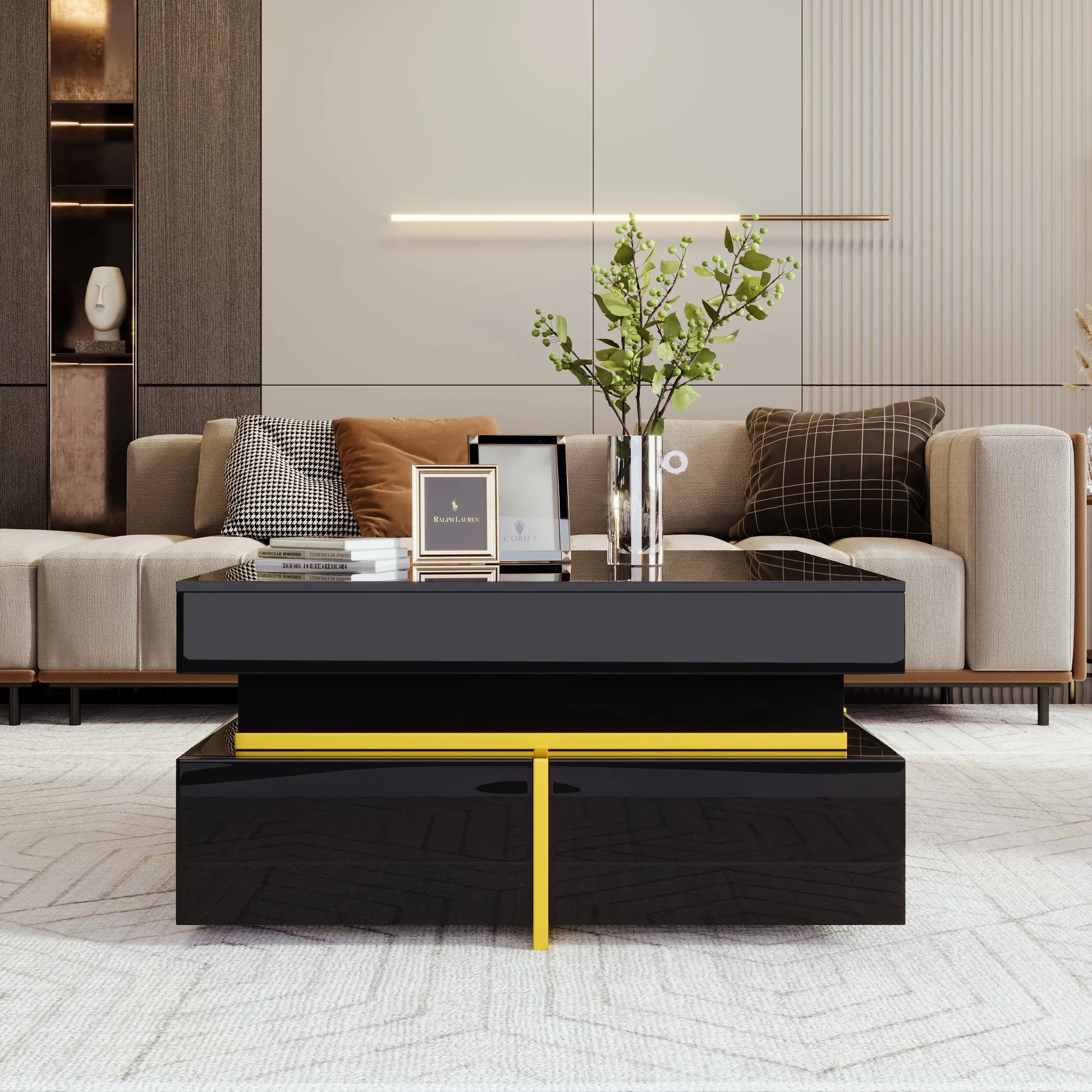 Coffee Table, High-Gloss, with Drawers, Gold Accents - Image 6