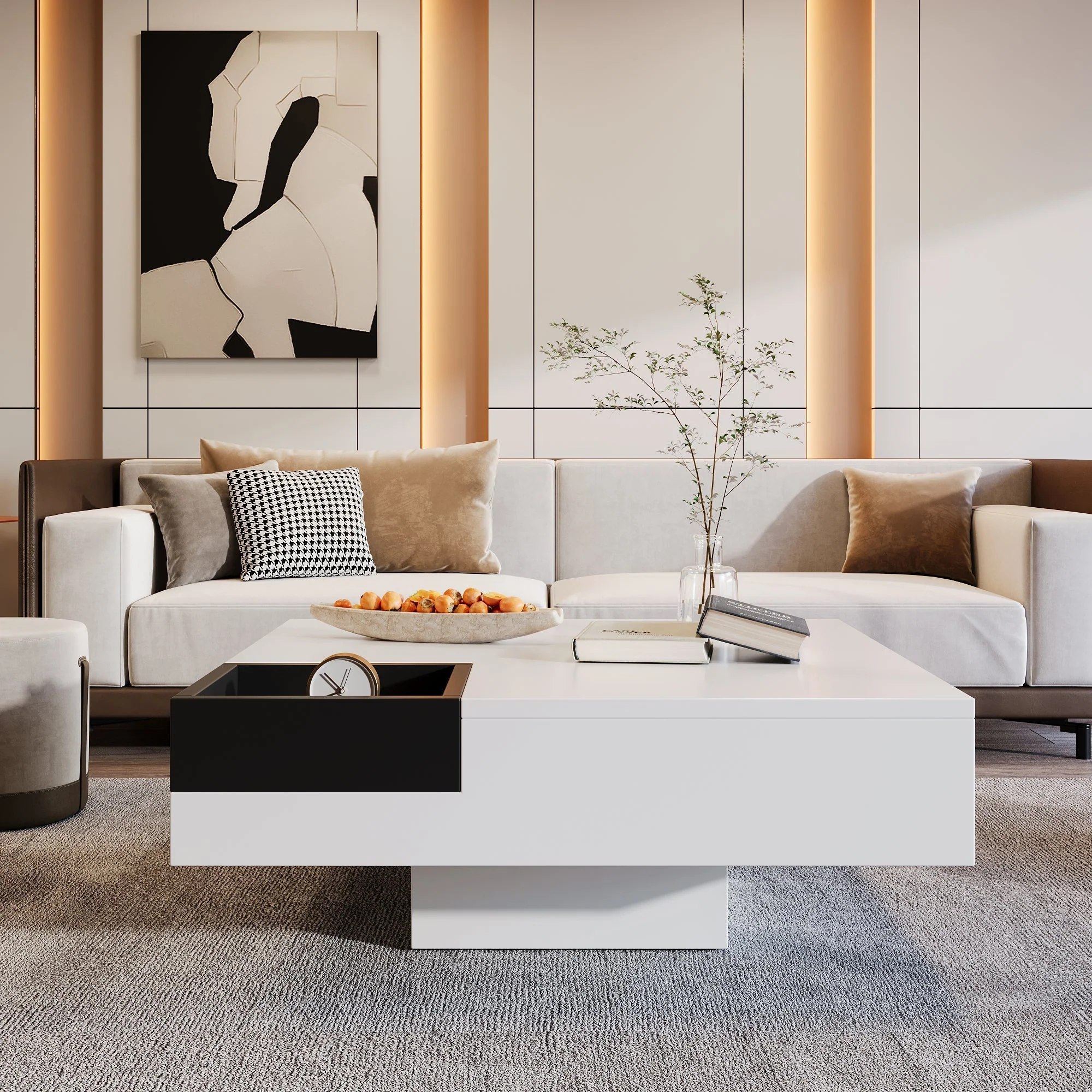 Coffee Table, High-Gloss with Removable Storage Box and LED Light Effect, White and Black - Image 3