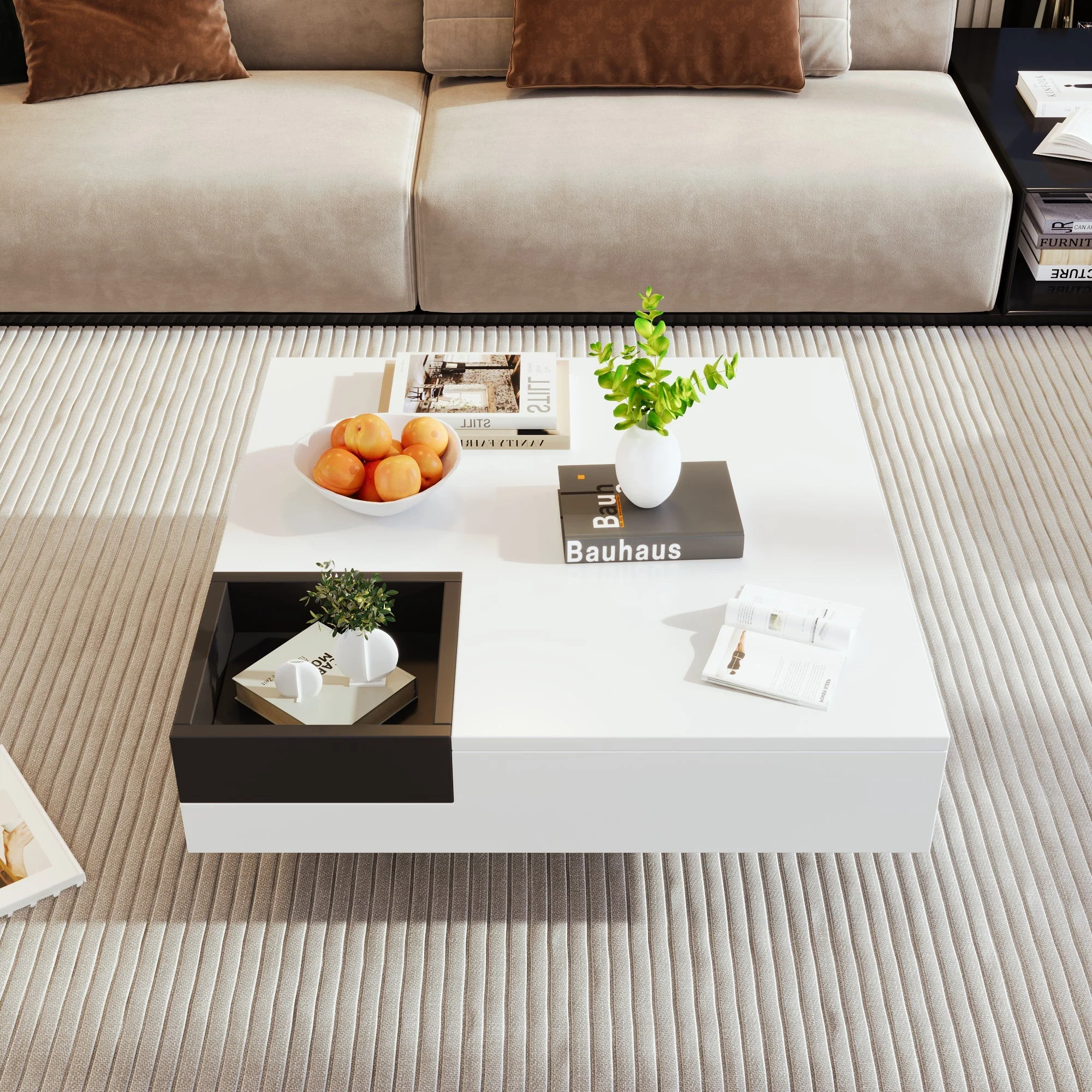 Coffee Table, High-Gloss with Removable Storage Box and LED Light Effect, White and Black - Image 8