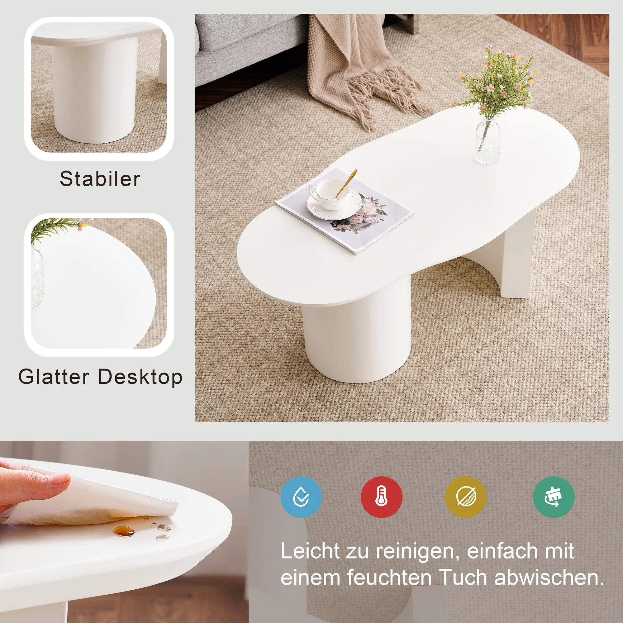 Coffee Table, Irregular 100cm Durable White MDF - Image 9