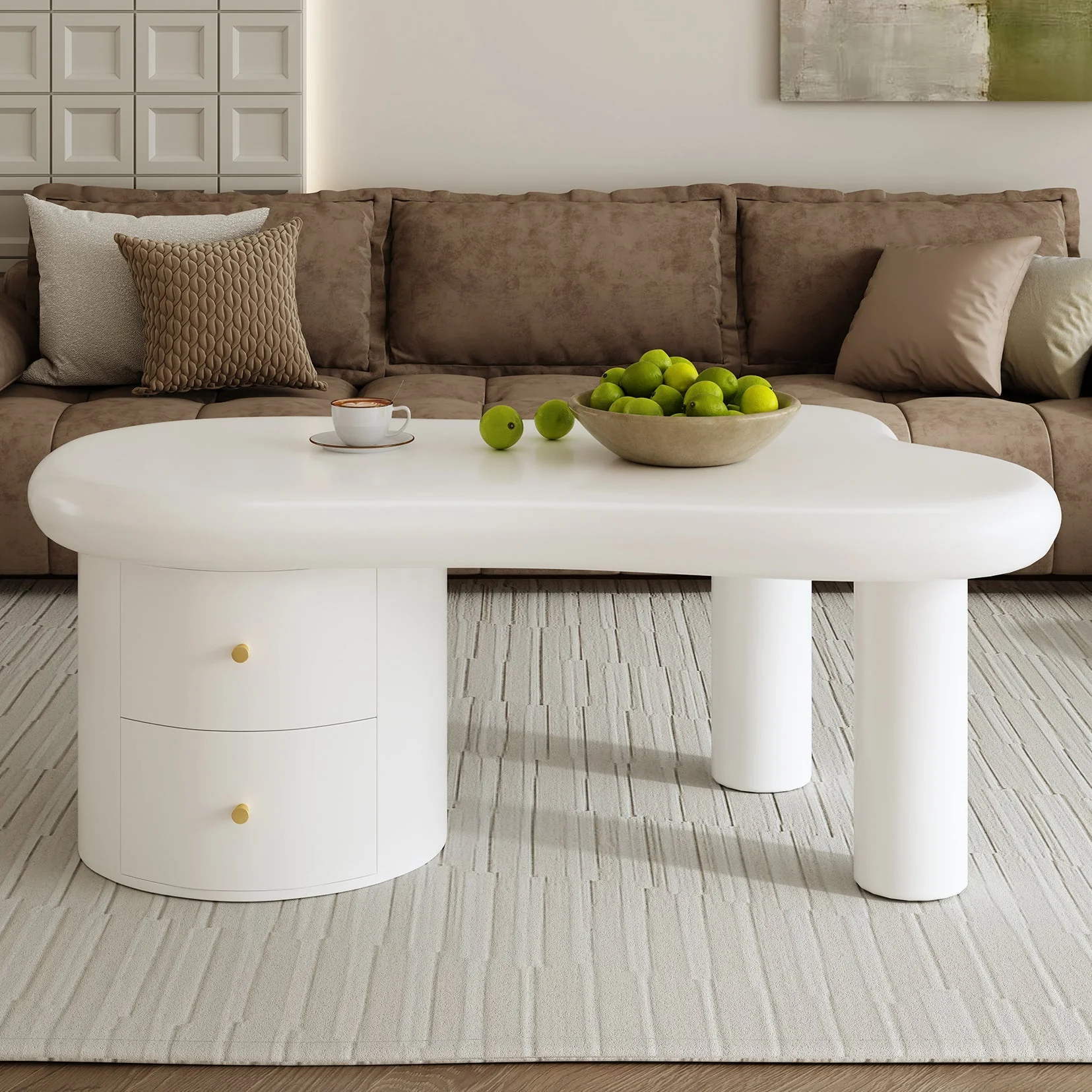 Coffee Table, Irregular Shape 2-Drawer Space-Saving Stylish Stable, White - Image 7