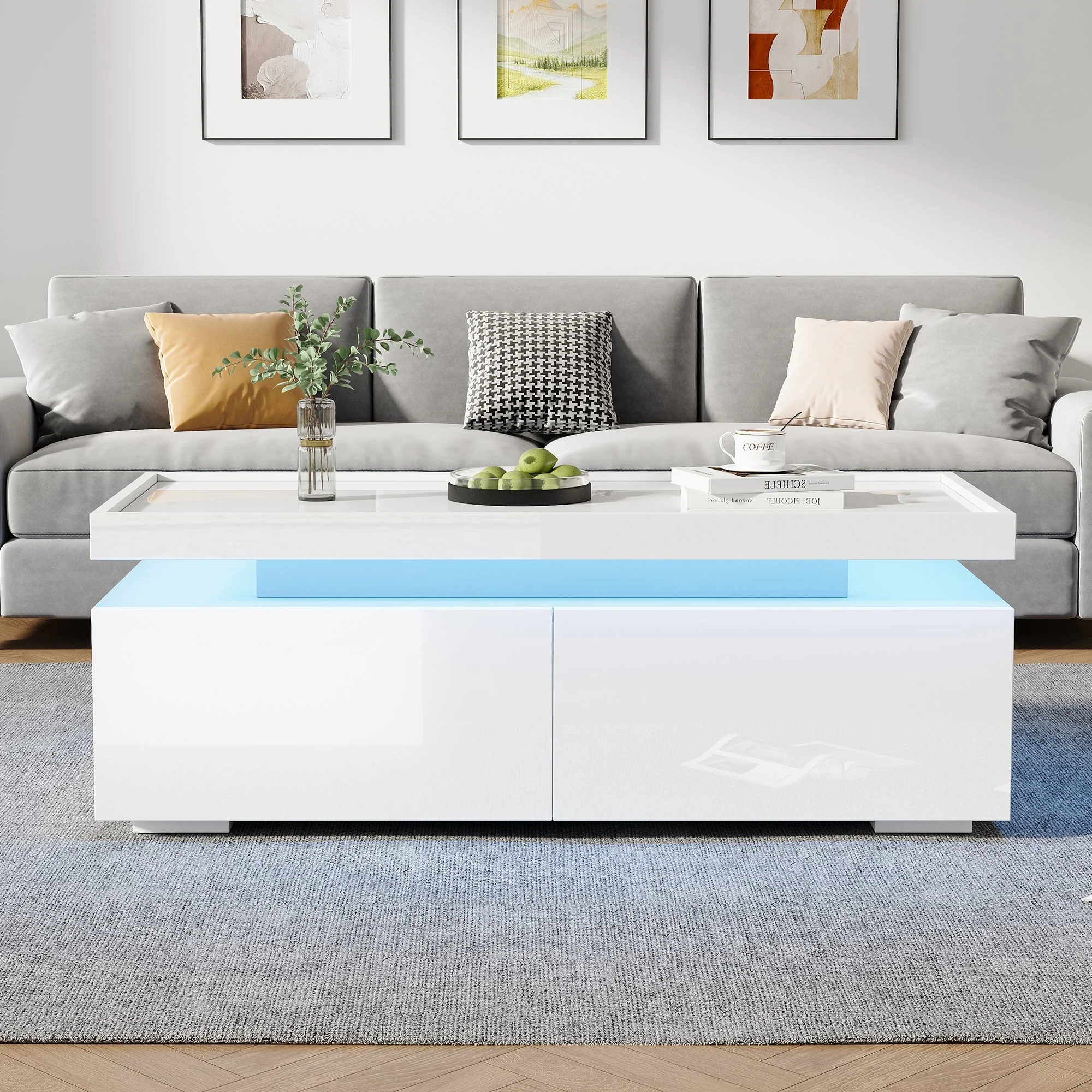 Coffee Table LED High-Gloss with 2 Drawers Geometric Design White - Image 3