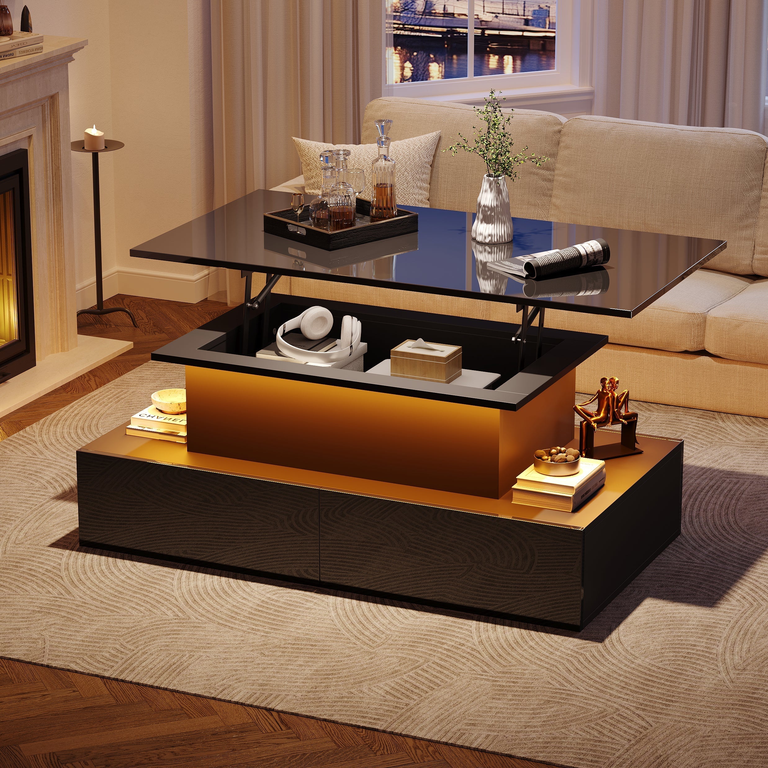 Coffee Table, LED Lit with 4 Drawers, Black High-Gloss - Image 2