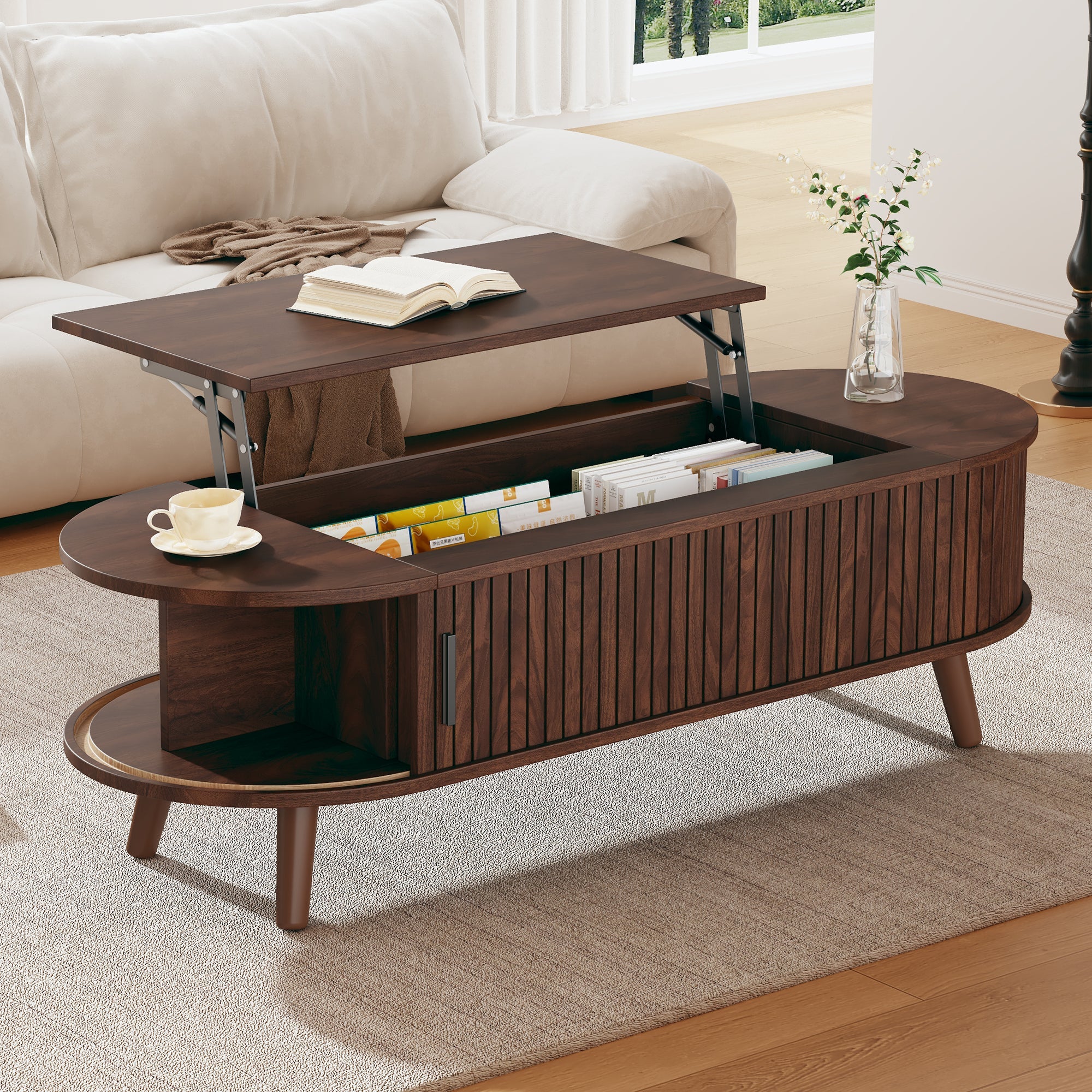 Coffee Table, Liftable with Hidden Storage & 5 Shelves, Walnut